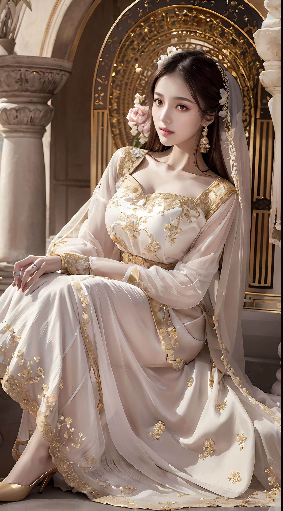 Top quality, lots of details, antique bandeau dress, artistic, beautiful, elegant, slender eyebrows, clear eyes, rosy lips, soft skin, satin long-sleeved blouse, with gold edge, antique long-sleeved dress, fuqin posture, waiting posture, palatial palace, azure sky, quiet courtyard, full body close-up