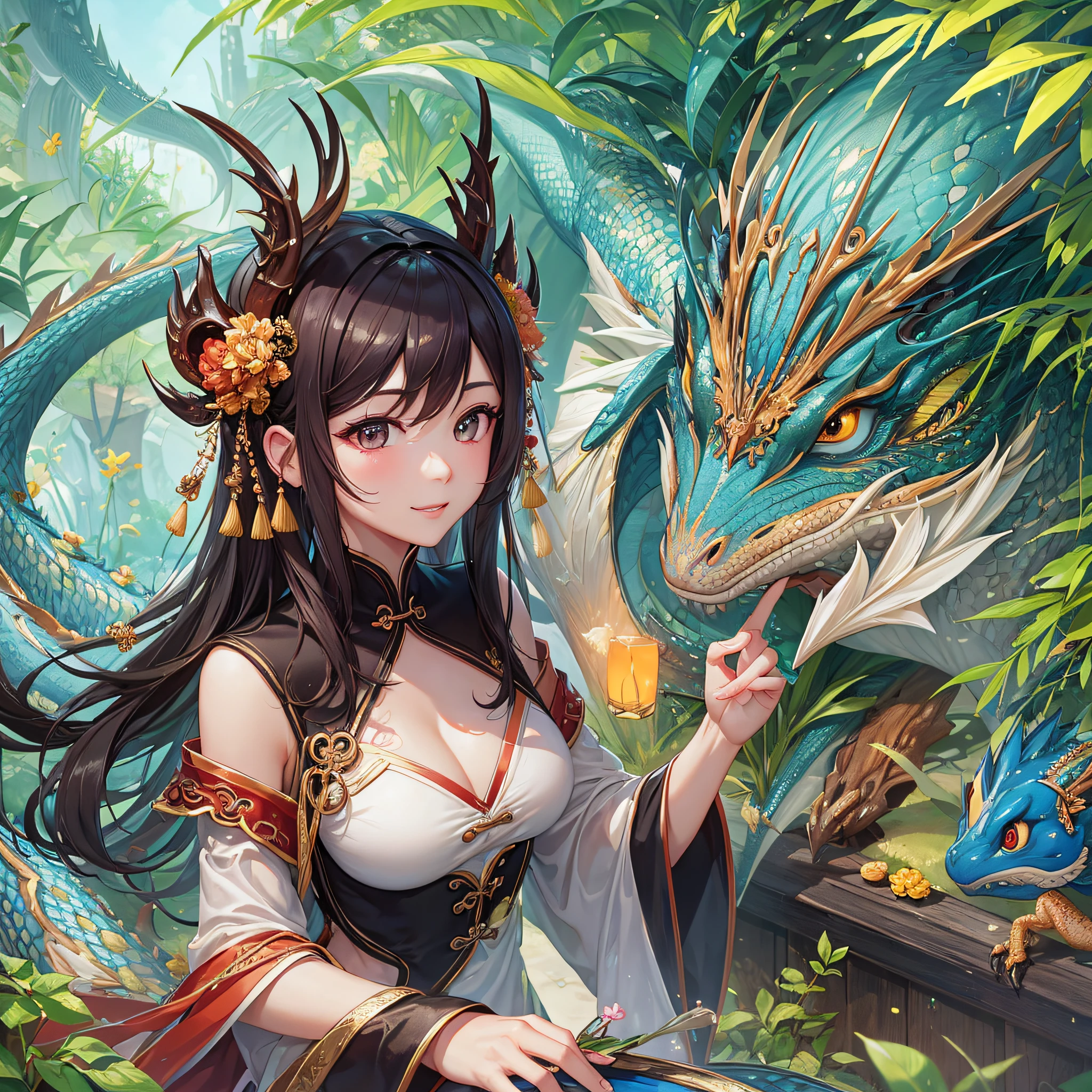 Masterpiece, best quality, make friends with Chinese dragons, funny, happy, bright, dragons, women, shy --auto --s2