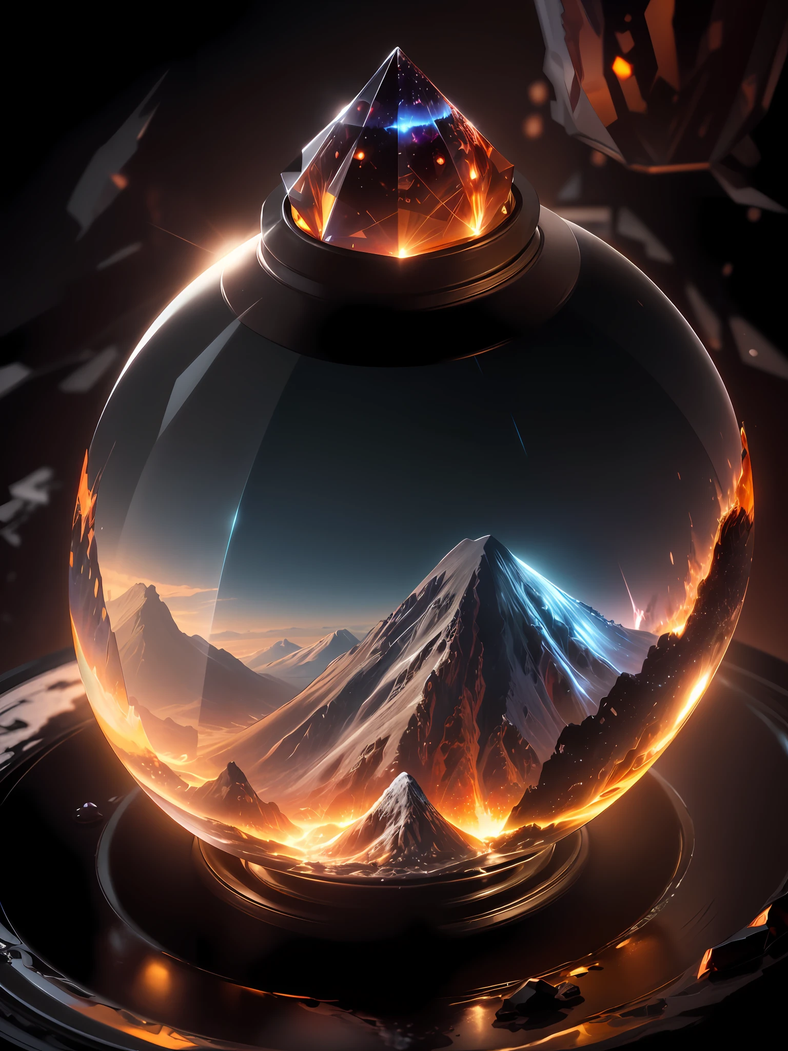 Ultra-realistic, 16K high resolution, (Max Sharp Focus: 1.3), (Max Close-up: 0.5), (Eruption trapped in a crystal perfect ball with pedestal on table: 1.7), (Active volcano, light coming in through between black clouds, dramatic: 1.3)