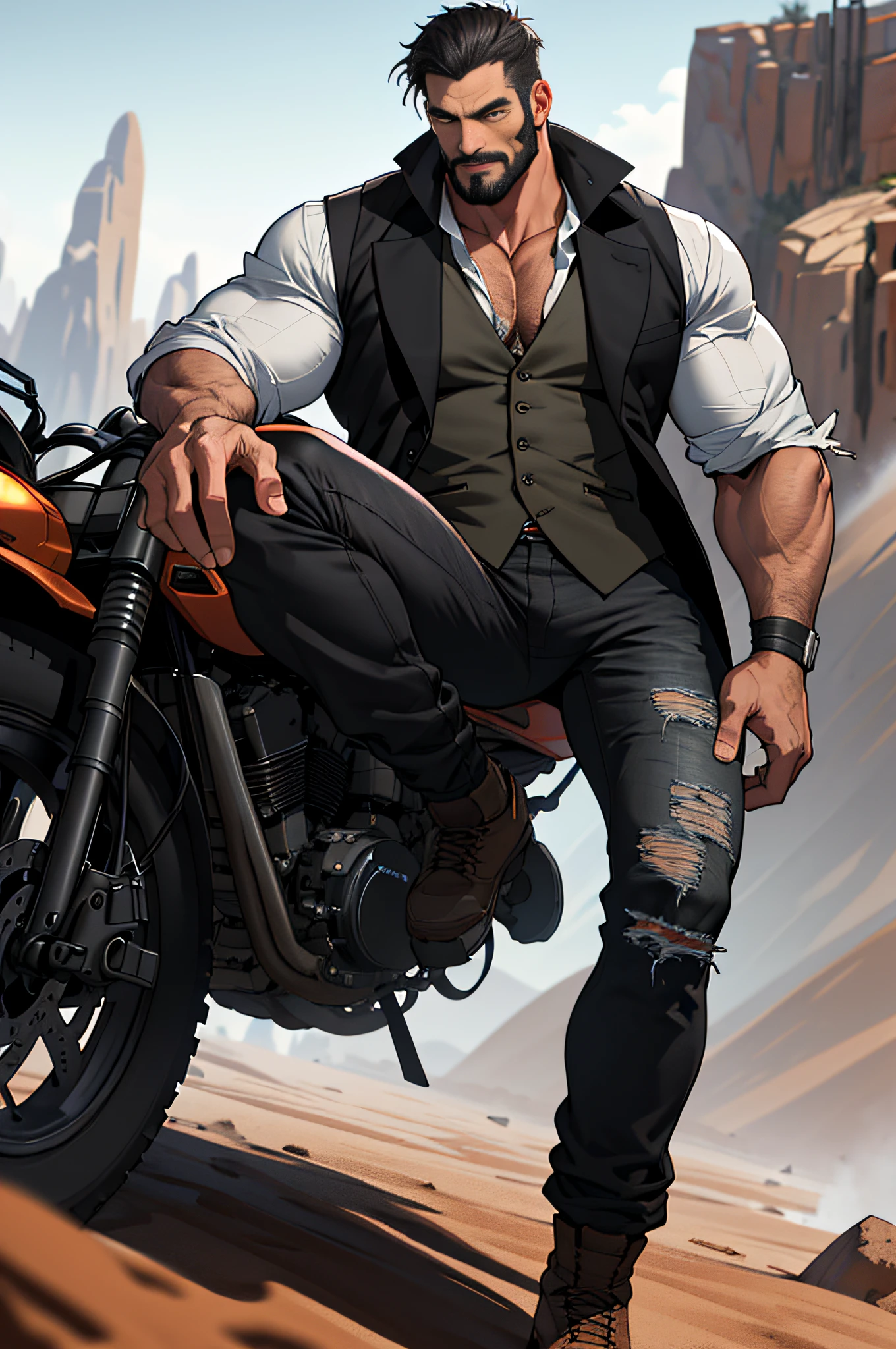 Mature man, best quality, mercenary, black jeans, wearing tall riding shoes, bandage wrapped around one hand, tattered clothes, black long handsome trench coat, dark gray vest (ripped hole), bad, masterpiece, super high resolution, detailed background, reality, illustration, single, 1 boy, muscle man, beard, desert, desert, mountain, muscle, facial hair, volumetric lighting, depth of field, wheezing, raised crotch, handsome action, big dynamics