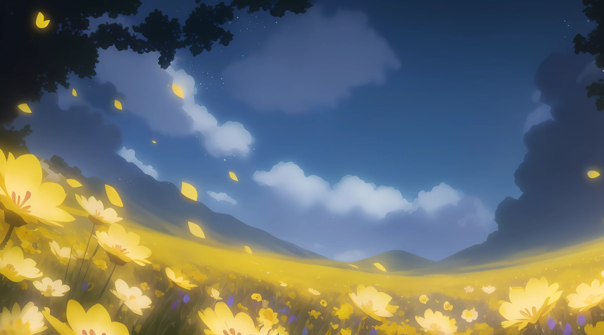 there is a field of yellow flowers with a blue sky in the background, anime background art, anime background, anime landscape, anime movie background, beautiful anime scenery, anime countryside landscape, anime landscape wallpaper, background artwork, anime scenery, beautiful anime scene, background art, colorful anime movie background, anime beautiful peace scene, painted in anime painter studio