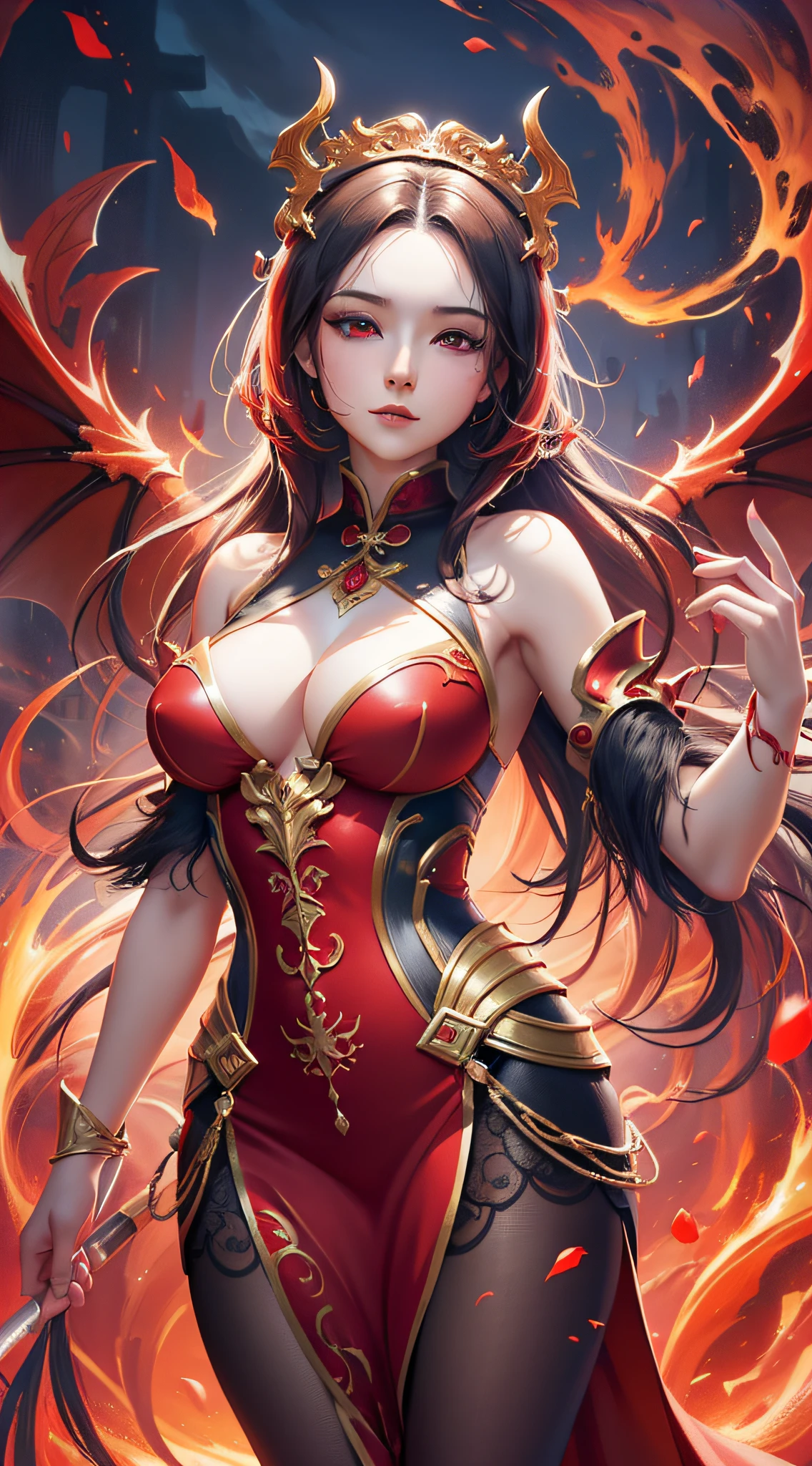 a woman in a red dress standing in front of a fire, by Yang J, dragon girl, 8k high quality detailed art, digital fantasy art ), trending on cgstation, beautiful elegant demon queen, fantasy art style, 2. 5 d cgi anime fantasy artwork, chinese fantasy, epic fantasy art style hd, epic exquisite character art, fanart best artstation