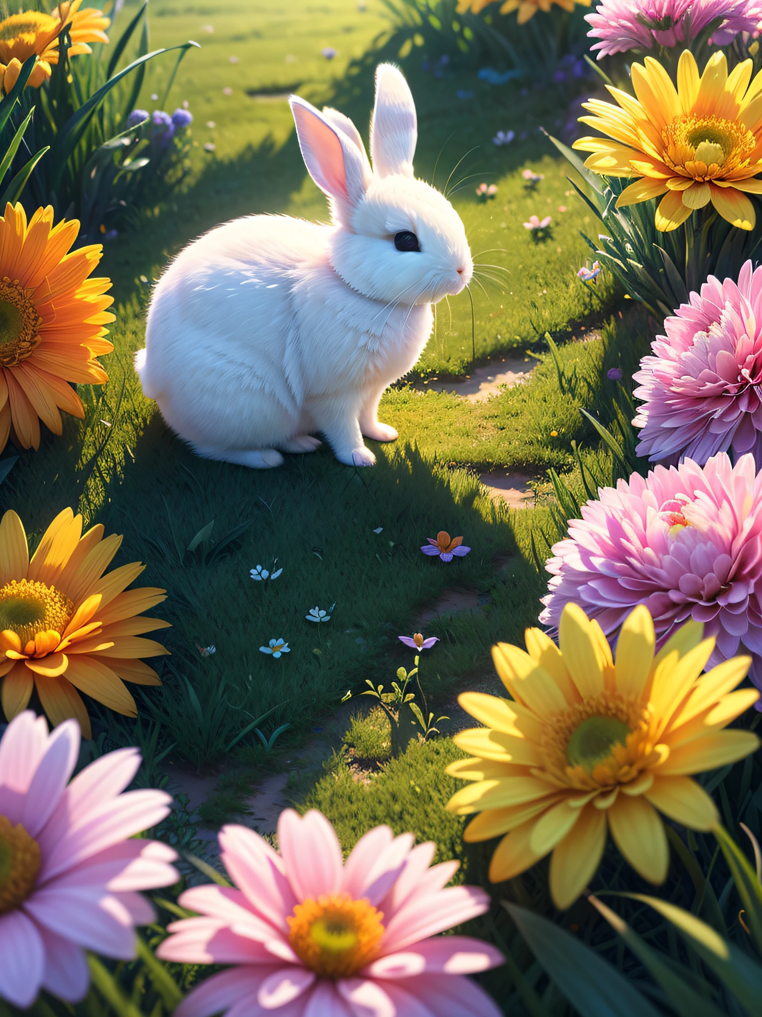 (extremely detailed CG unity 8k wallpaper,masterpiece, best quality, ultra-detailed),(best illumination, best shadow, an extremely delicate and beautiful),(cute bunny),(sleeping),(beautiful grass),(clouds),(colorful flowers)