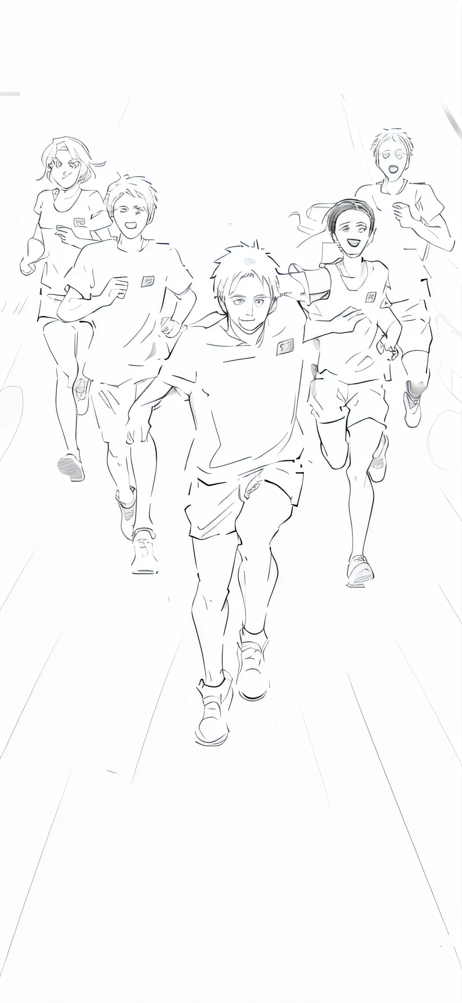 a drawing of a group of people running in a line, people running, people running in fear, soldiers running, running freely, running sequence, sprinting, intense line art, drawn with photoshop, running fast towards the camera, line art colouring page, line sketch, inspired by Naka Bokunen, running pose, run for your life, people running away --auto --s2