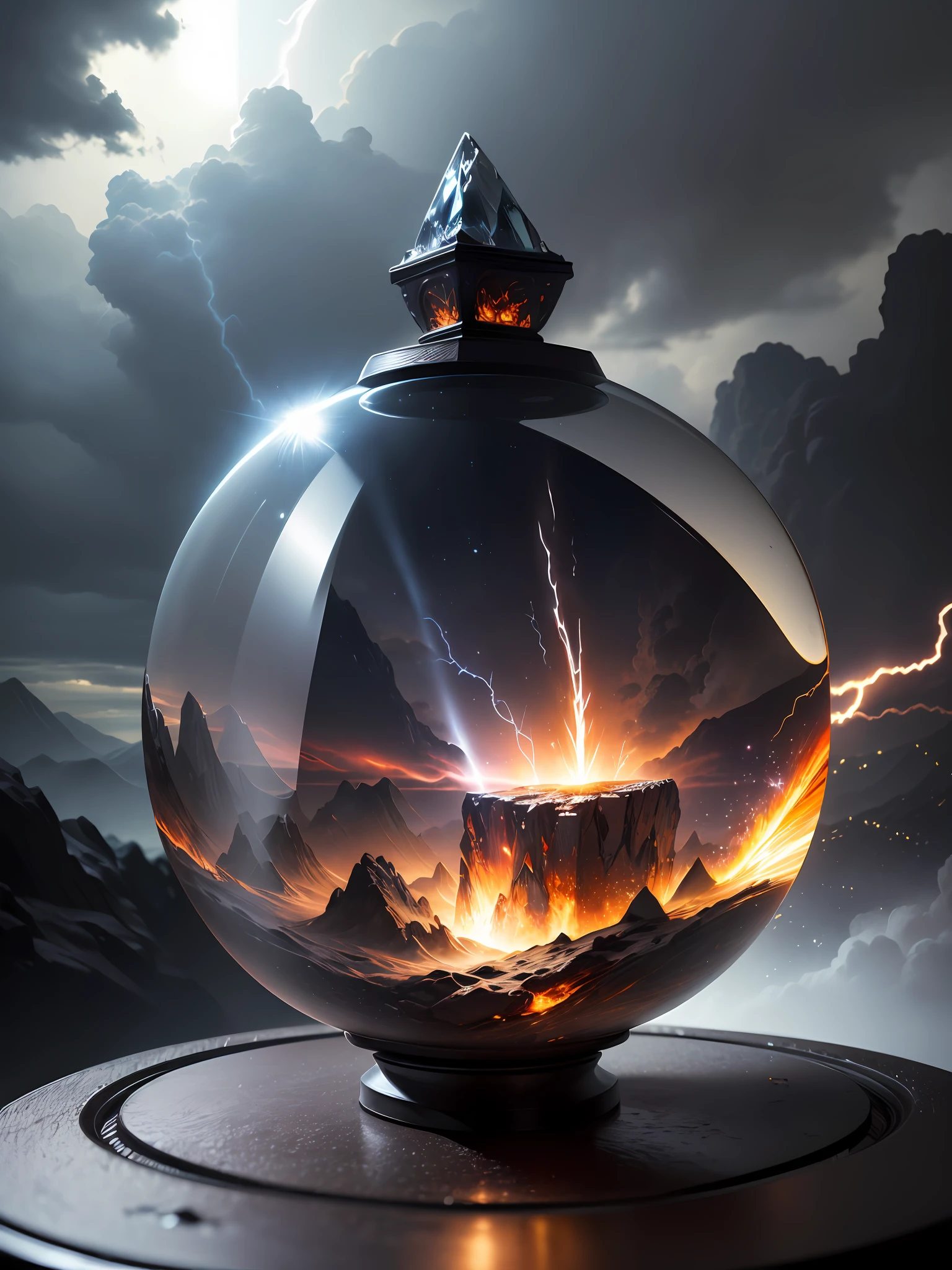 Ultra-realistic, 16K high resolution, (Max Sharp Focus: 1.3), (Max Close-up: 0.5), (Catastrophic eruption trapped in a crystal perfect ball with pedestal on table: 1.7), (Lightning, plume, light coming in through between black clouds, dramatic: 1.3)