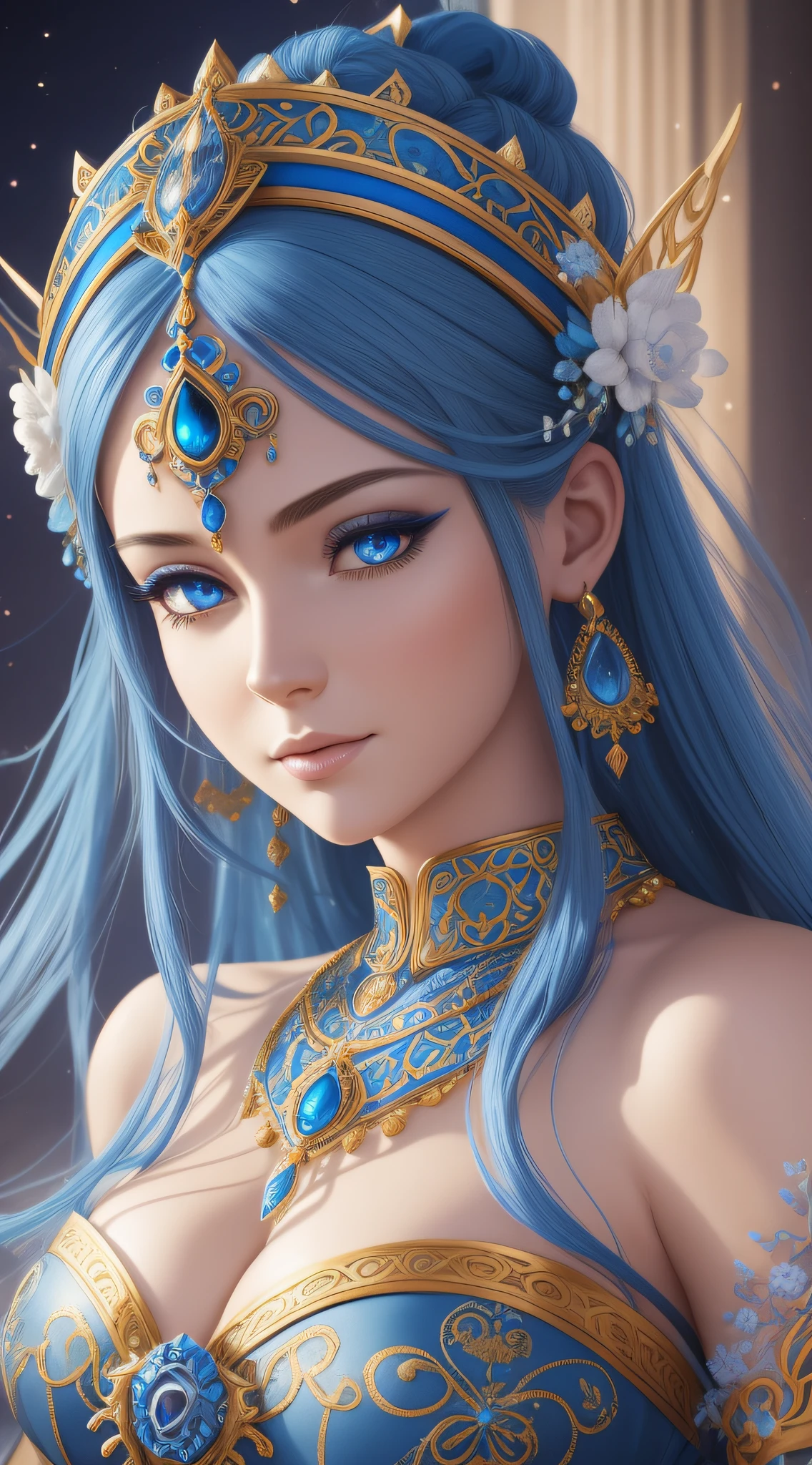 a close up of a woman with a blue and white headpiece, hyperdetailed fantasy character, 4 k detail fantasy, 8k high quality detailed art, goddess. extremely high detail, 3 d render character art 8 k, a beautiful fantasy empress, 4k highly detailed digital art, close up character, detailed face ), intricate ornate anime cgi style, detailed fantasy digital art