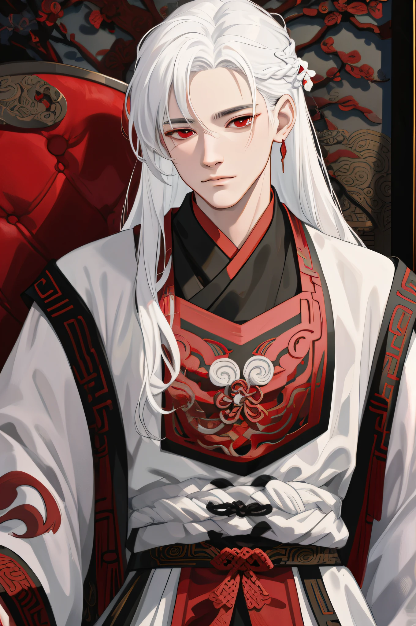nsfw, masterpiece, best quality, ultra-detailed, semi-realistic, detailed facial features, 1boy, white hair, long hair, red eyes, wearing a detailed and intricate xianxia ancient clothes