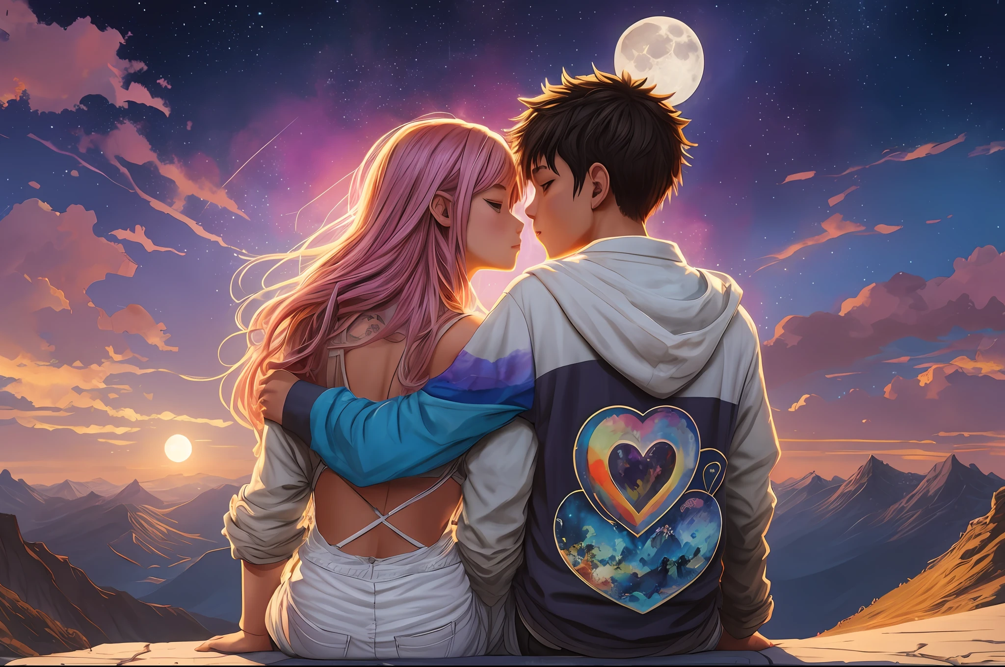 Beautiful anime watercolorpainting of summerpunk young couple, Kissing, Sitting on a top of a mountain, heart shape full moon sky, dark night Background, paint dripping by tim okamura, victor nizovtsev, greg rutkowski, noah bradley. trending on artstation, 8k, masterpiece, graffiti paint, fine detail, full of color, intricate detail, golden ratio illustration --auto --s2