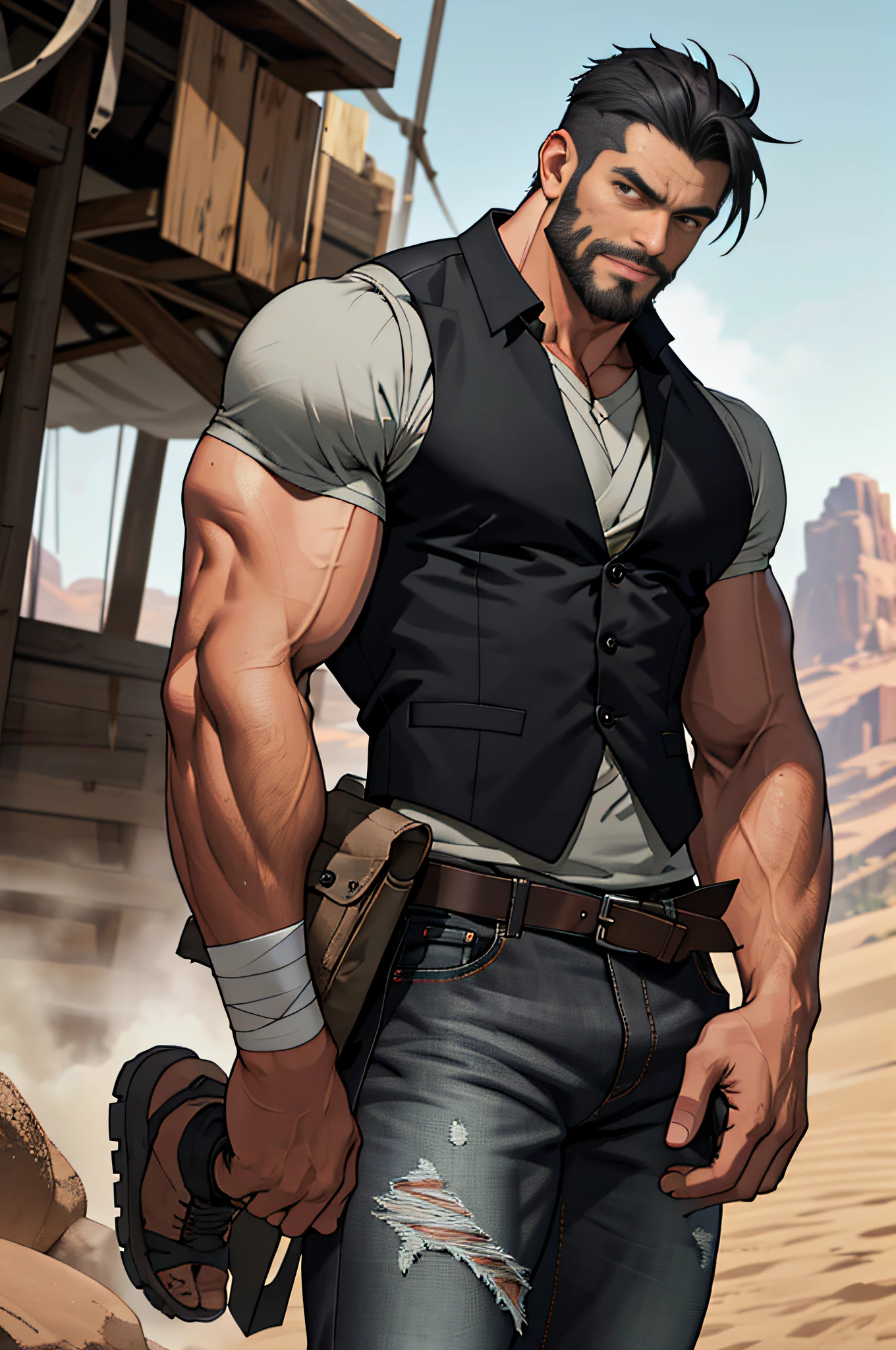Mature man, best quality, mercenary, black jeans, wearing tall riding shoes, bandage wrapped around one hand, tattered clothes, exposed muscles, dark gray vest (hole), bad, masterpiece, super high resolution, detailed background, reality, illustration, single, 1 boy, muscle man, beard, desert, desert, alpine, muscles, facial hair, volumetric lighting, depth of field, wheezing, raised crotch, handsome movements, big dynamics