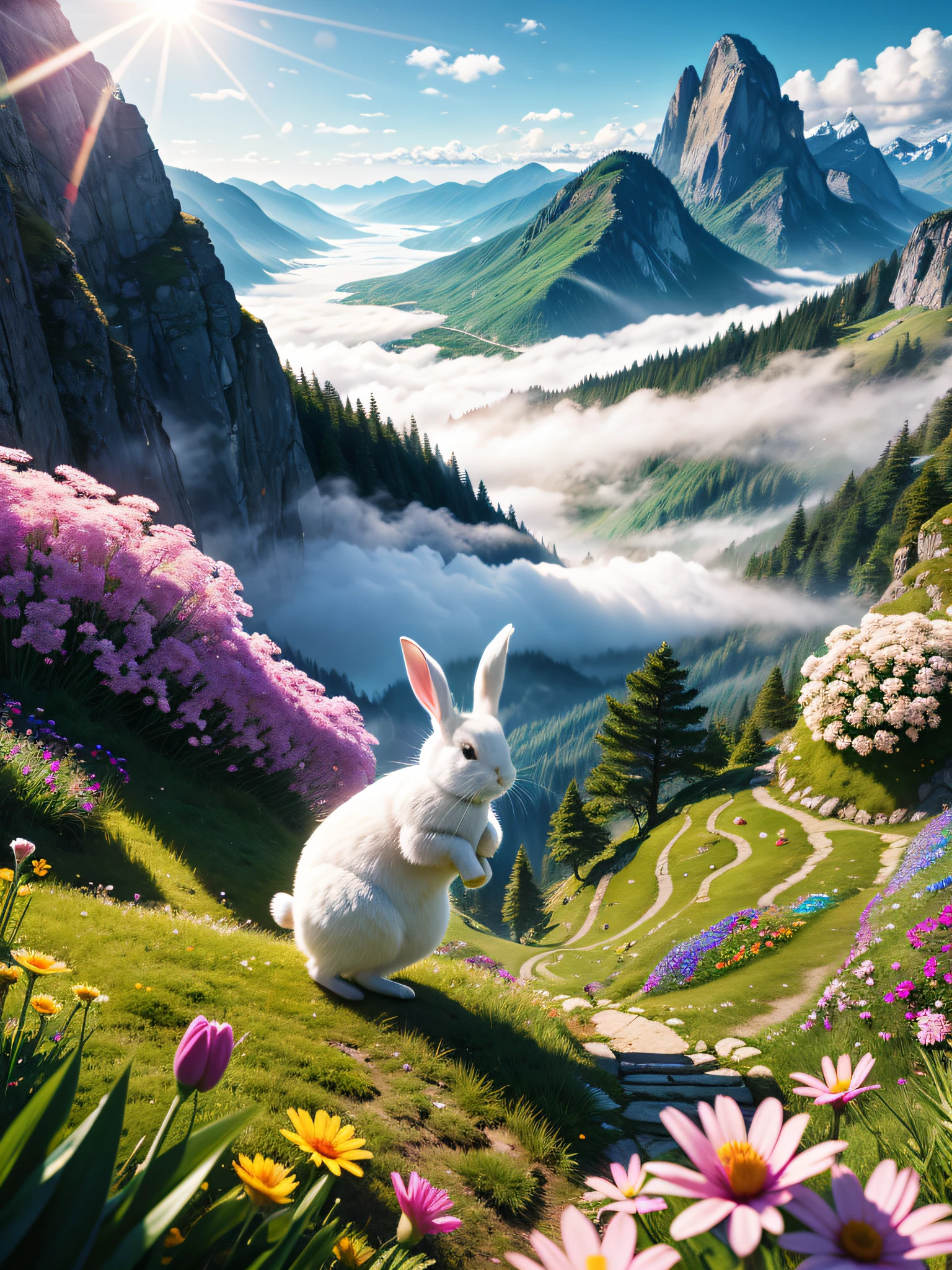 Ultra fine CG unity 8k wallpaper, masterpiece, best quality, super detailed), (best lighting, best shadow, extremely delicate and beautiful), (cute white rabbit jumping), (sleeping), (beautiful grass), (clouds), (colorful flowers) fat, bright eyes, mountains behind, sunlight through fog