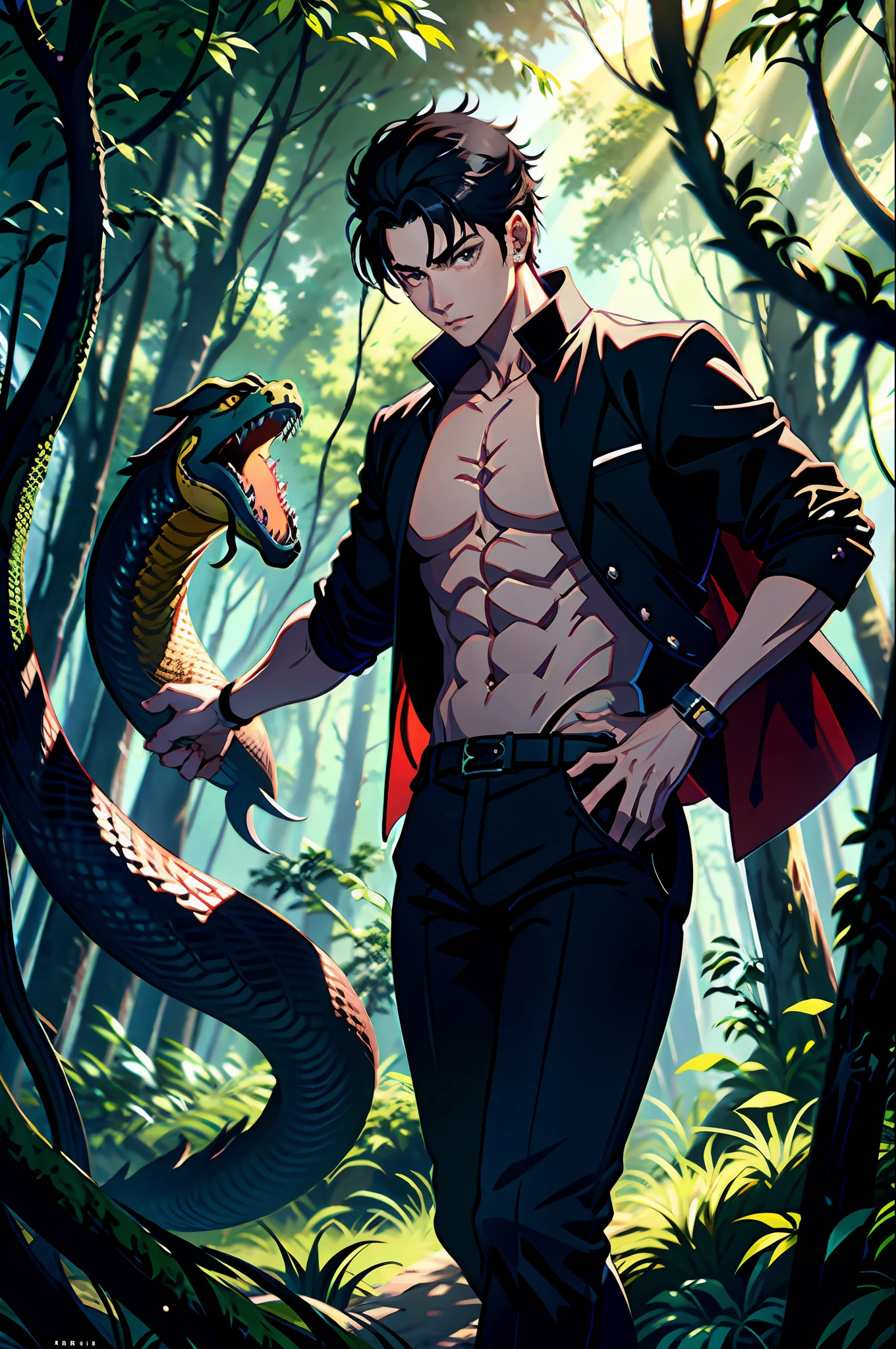 Alafard image of a boy holding a giant python in the forest, artwork by Yang J, Edgar Maxons and Ross Tran, Ross Chen and Byad Wu, Guvitz, Krenz Kusart and Lin Wenjun, Ross Tran 8K, Chen Lin, Ren Xiong, Ryan Yu, Handsome Guys in Demon Slayer Art