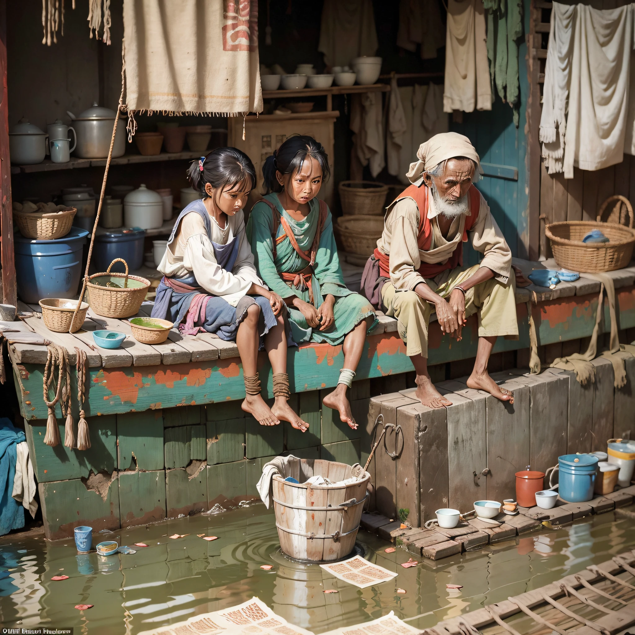 Some poor beggars, in a broken fishing boat, dressed in earthen cloth clothes, shabby, dirty, Chinese