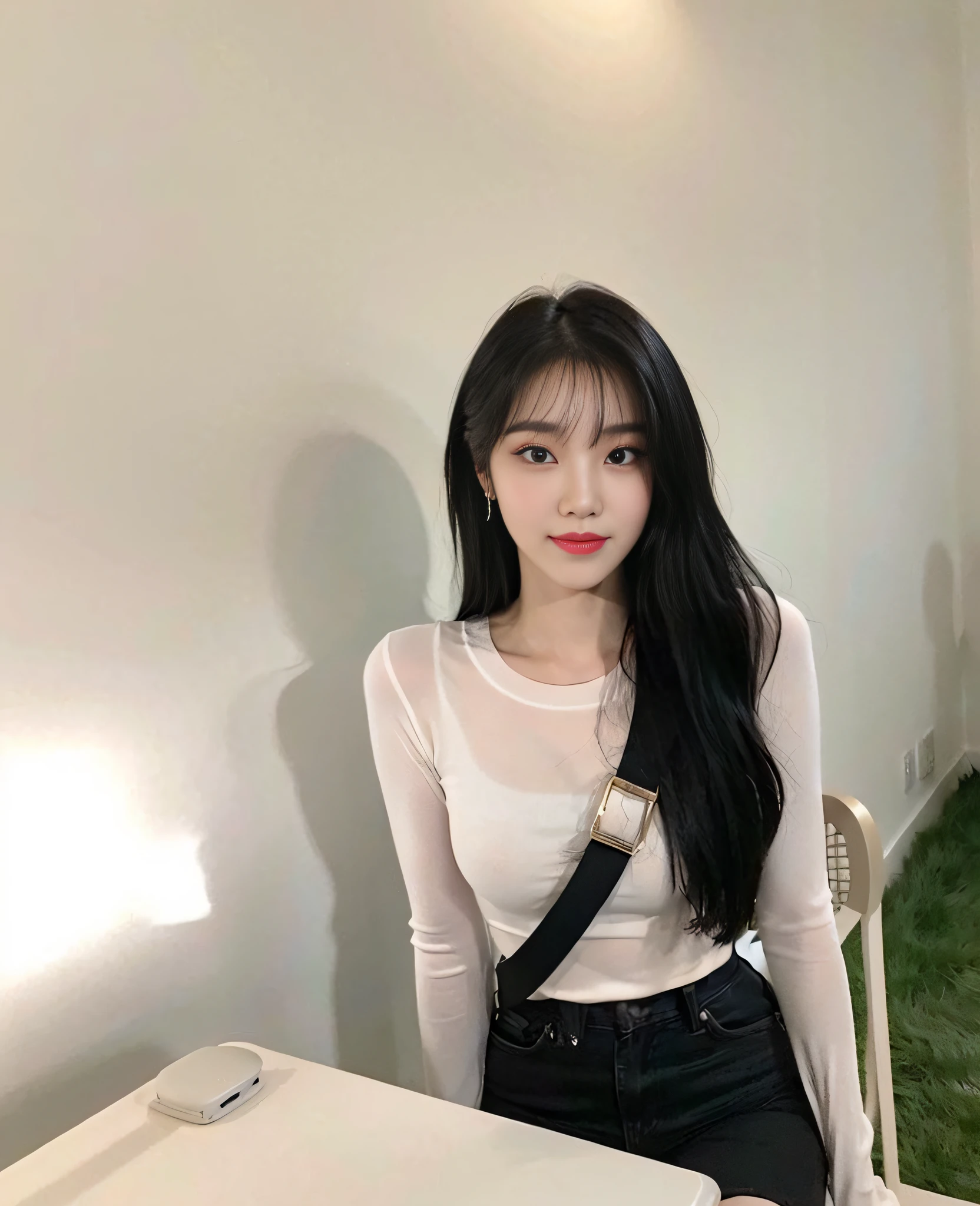Nikon RAW Photos, 8k, Fujifilm XT3, (Top Quality, 16k, Masterpiece: 1.3)), Sharp Focus: 1.2, Realistic, Beautiful Women with Perfect Figure: 1.4, (Black Straight Hair)), Beautiful Big, Big Breasts, (kpop Idol: 1.3)), Highly Detailed Face and Skin Texture, Very Detailed Face, Very Detailed Eyes, Very Detailed Skin, Highly Detailed Fingers, Highly detailed nose, highly detailed detailed mouth, perfect anatomy, highly detailed background, detailed black eyes, seductive 20-year-old Korean beauty, one big black mole that stands out at the bottom left of the lips, natural makeup, light makeup, no makeup, cute smile