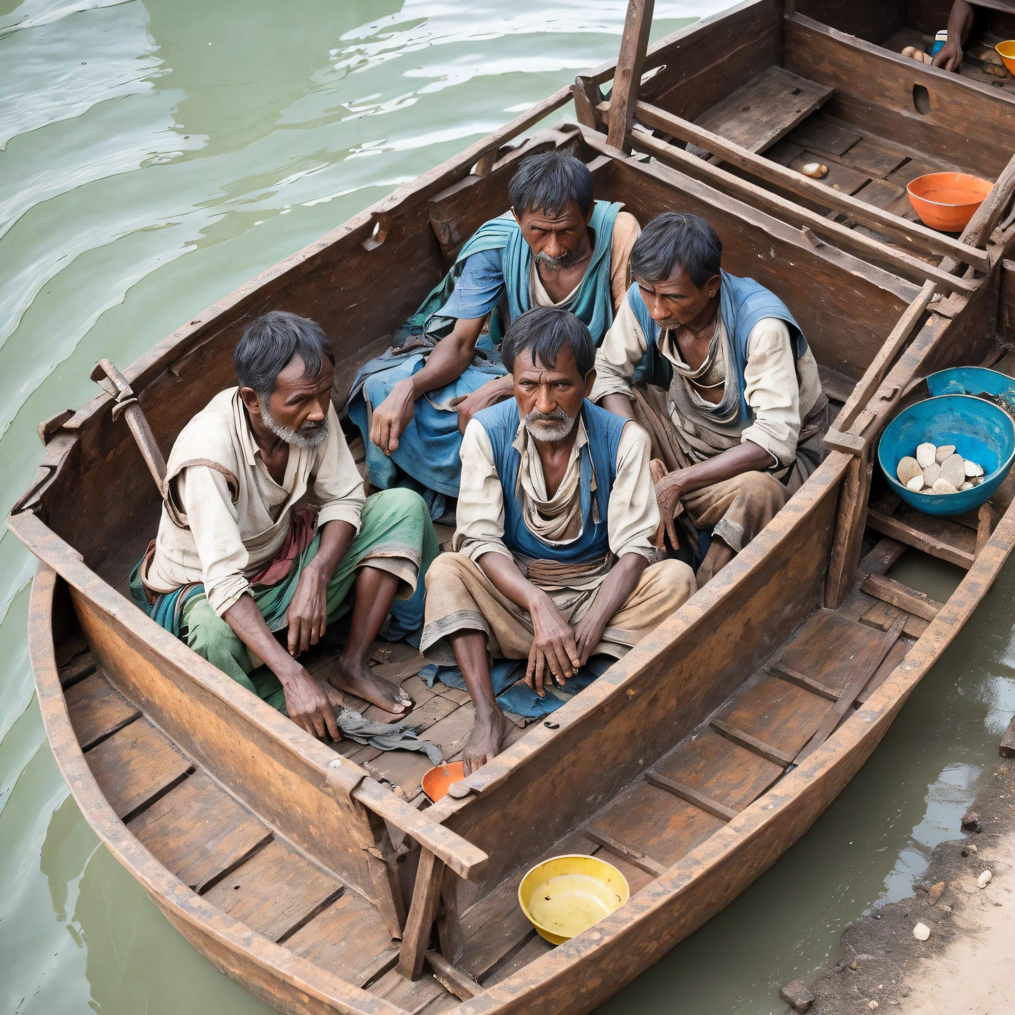 Some poor beggars, in a broken fishing boat, dressed in earthen cloth clothes, shabby, dirty, Chinese