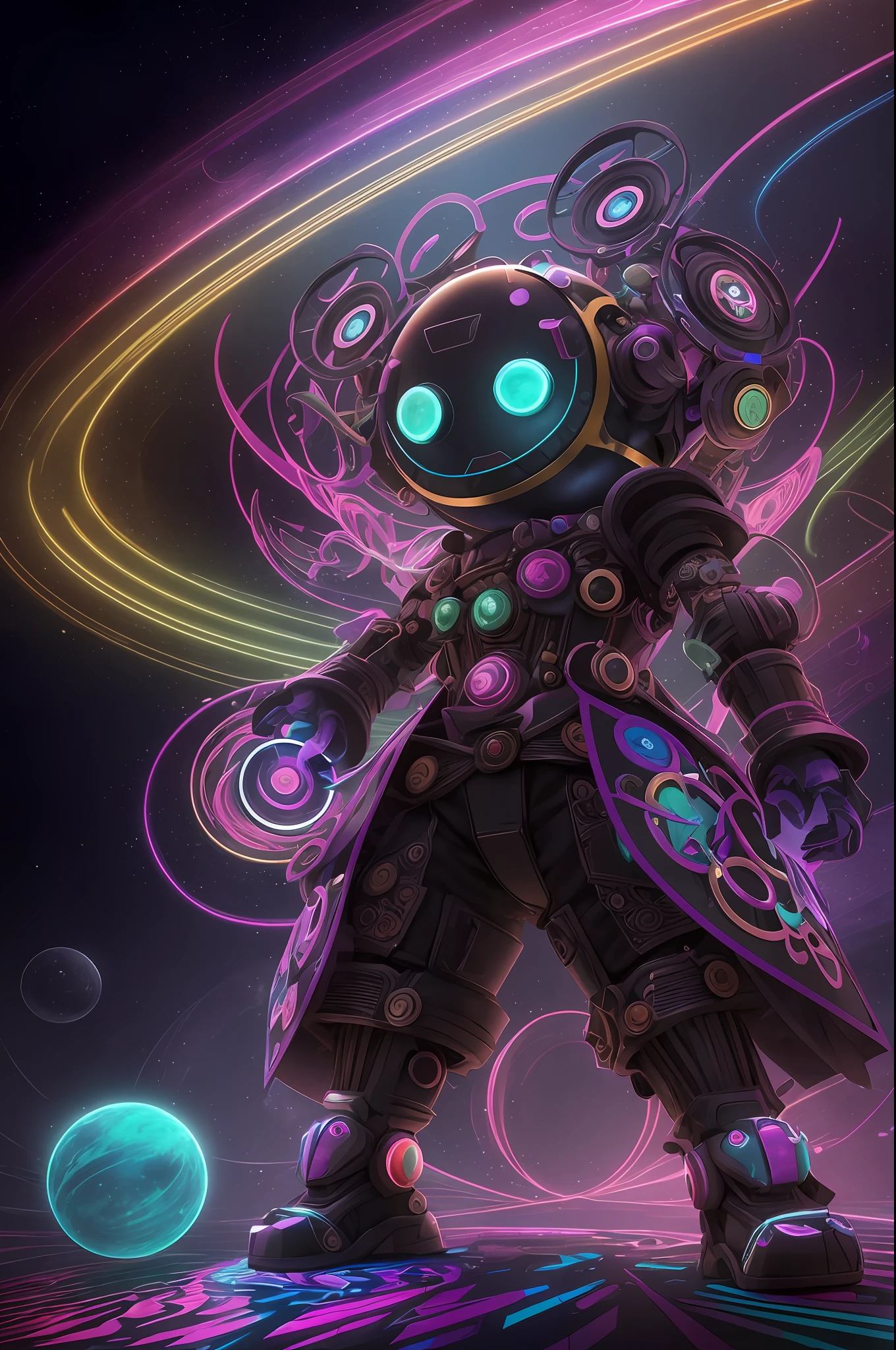 Carnivalesque, breathtaking freaky weirdpunk character fantasia of the imagination, 3D Cartoon Cool Robot, MLBB Style, standing in the middle of a swirling vortex of a surrounding Spiral Galaxy and golden stars and multicolor Orbs, Crazy Caricature, Royality, holding a bioluminscent Multicolor orb between his Fingers, wearing Sunglasses, dancing, metallic Texture, Neon Light, Unreal Engine 5, light dark Neon Background, hyperrealistic, hyperdetailed, Multicolor powder splash Background, Lumitronic effect, magical lights, very cute , by Tim Burton, --auto --s2