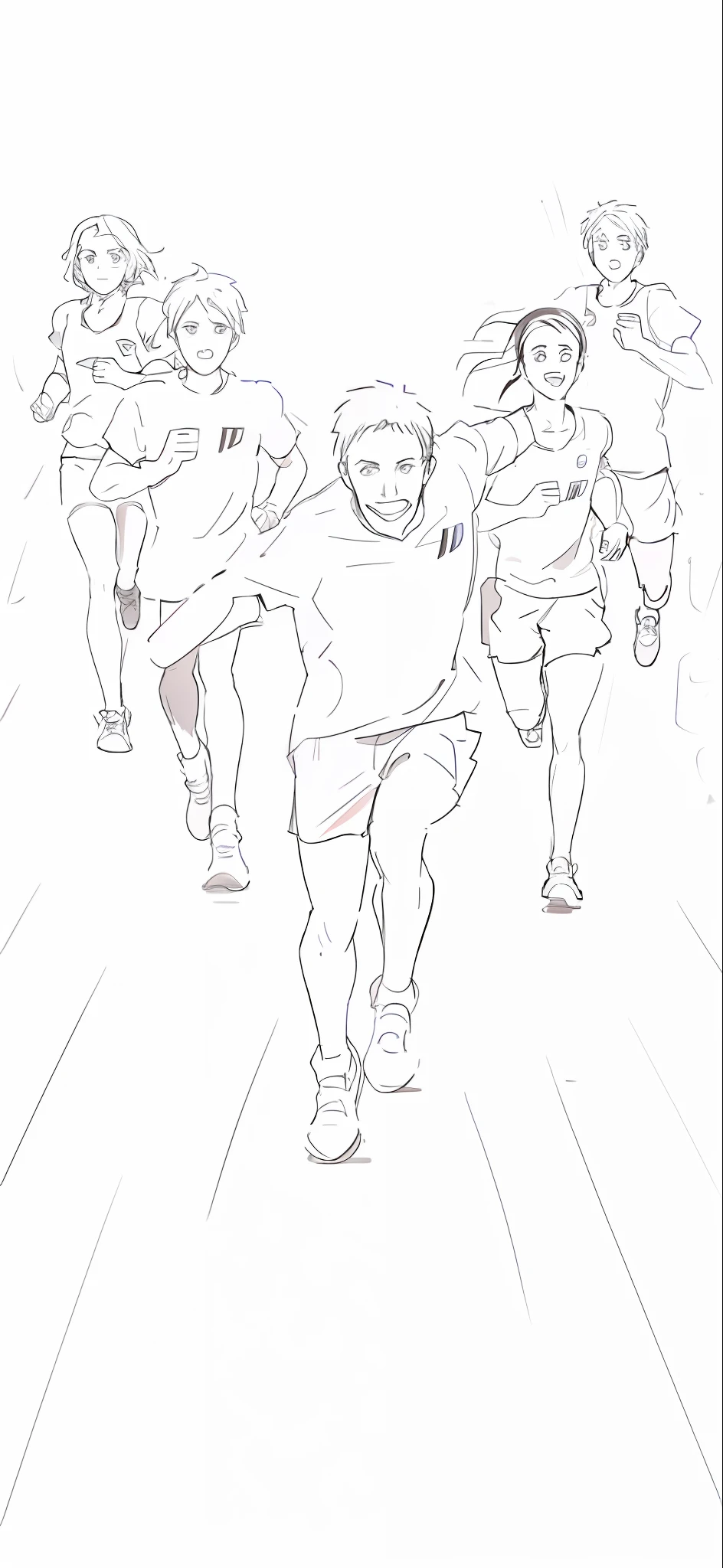 Drawings of a group of people lined up, people running, free running, running sequences, sprints, intense line art, drawn with photoshop, fast running to the camera, realism --auto --s2