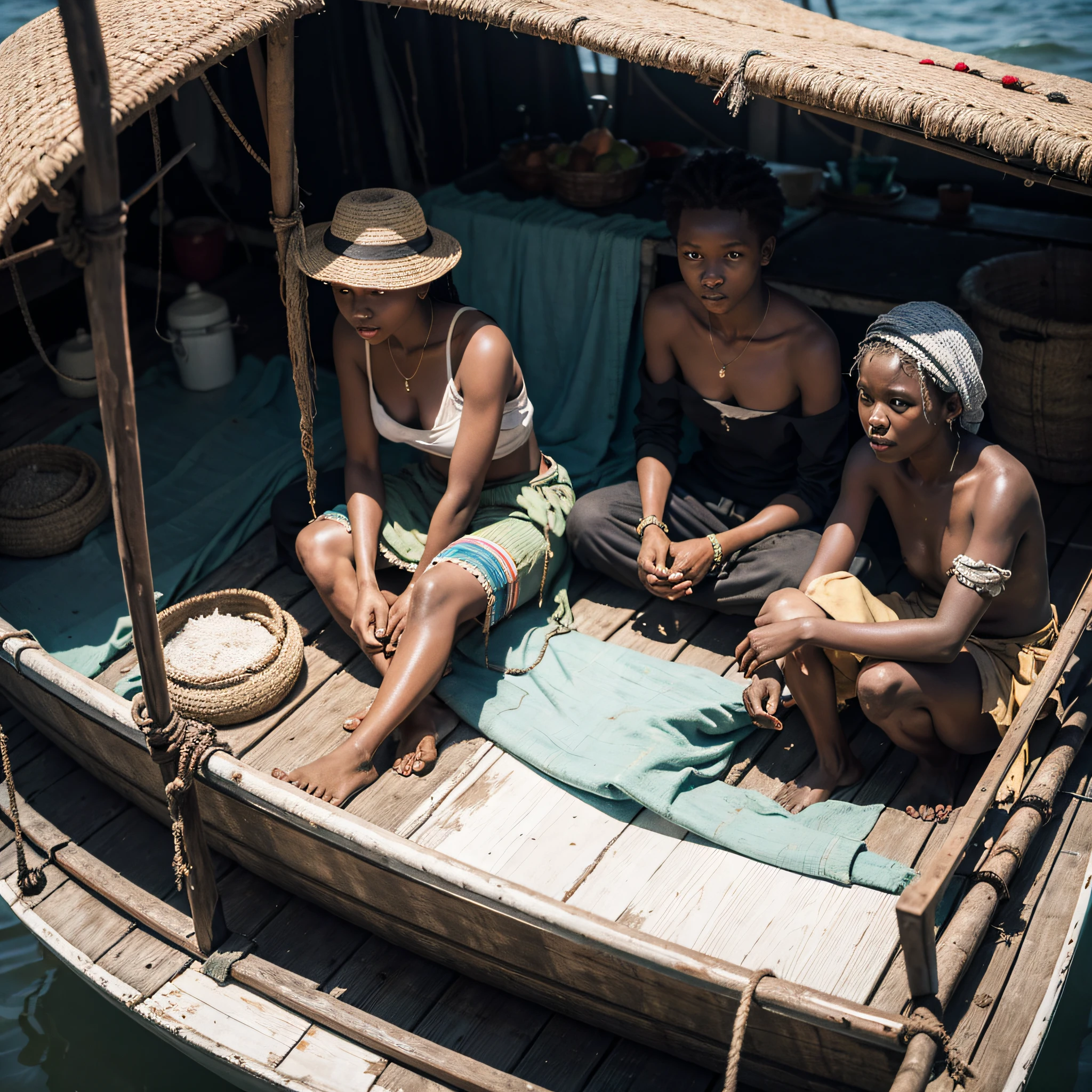 Some poor beggars, in a broken fishing boat, dressed in earthen cloth, shabby, dirty, African