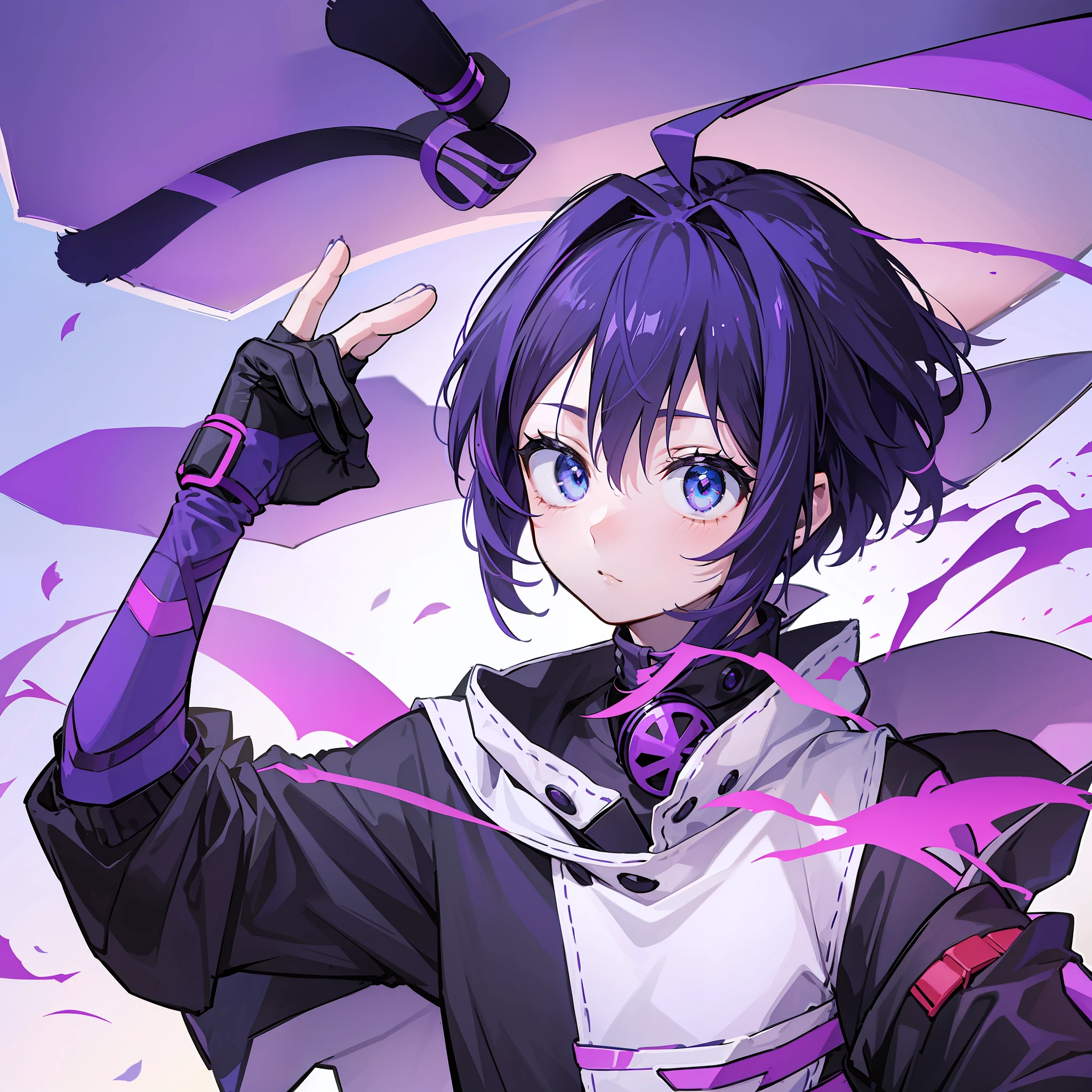 A Little Girl, Short Hair, Purple Hair, Small Purple Cat Ears, A Purple Cat's Tail, Blue Eyes, Assassin Clothing, Amine Style