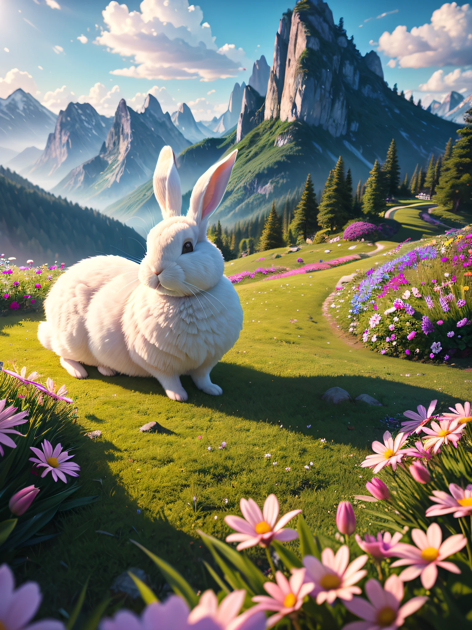 Ultra fine CG unity 8k wallpaper, masterpiece, best quality, super detailed), (best lighting, best shadow, extremely delicate and beautiful), (huge cute rabbit), (sleeping), (beautiful grass), (clouds), (colorful flowers) fat, bright eyes, big mountains behind