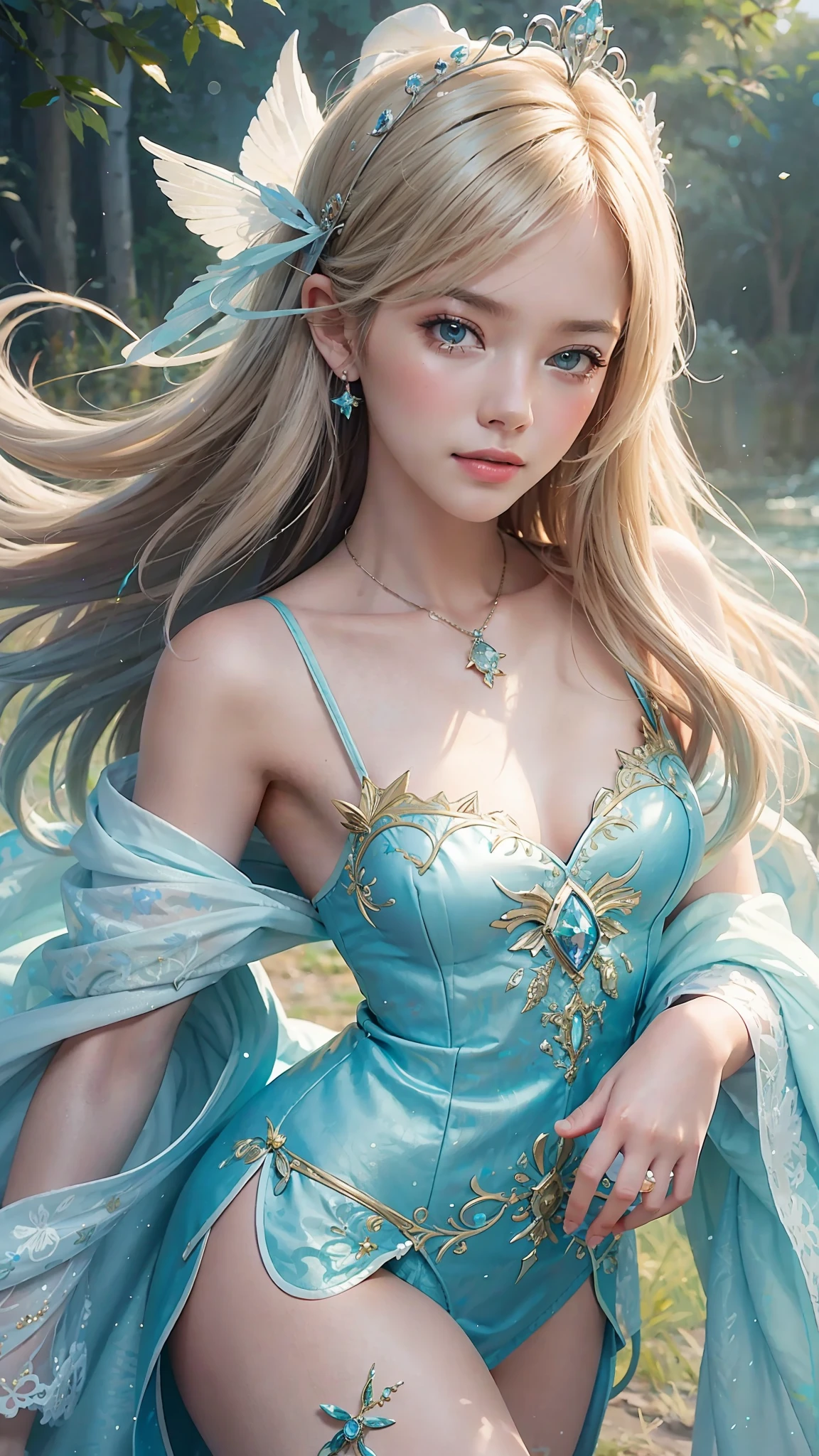 a photography, HD,, photo, woman, beautiful dress ornate, mdjrny-v5, style portrait of a gorgeous blond female in the style of stefan kostic, realistic, half body shot, sharp focus, 8 k high definition, insanely detailed, intricate, elegant, art by stanley lau and artgerm, extreme blur flames background, Princess girl with wing, Blue, Pastel, glitter, dramatic, dreamy, pastel, Watercolor, Whimsical, Delicate, seashell crown, Trending on Artstation, Highly detailed, Intricate, Portrait, digital painting, Fantasy theme, Fantasy robes, Fantasy concept art, Fantasy character art, Smug, age girl, perfect body, full body, dreamy, pastel, Watercolor, Whimsical, Delicate, seashell crown masterpiece, 8k, perfect lighting, , adult, female, cowboy shot, looking at viewer, cinematic lighting, Fawn