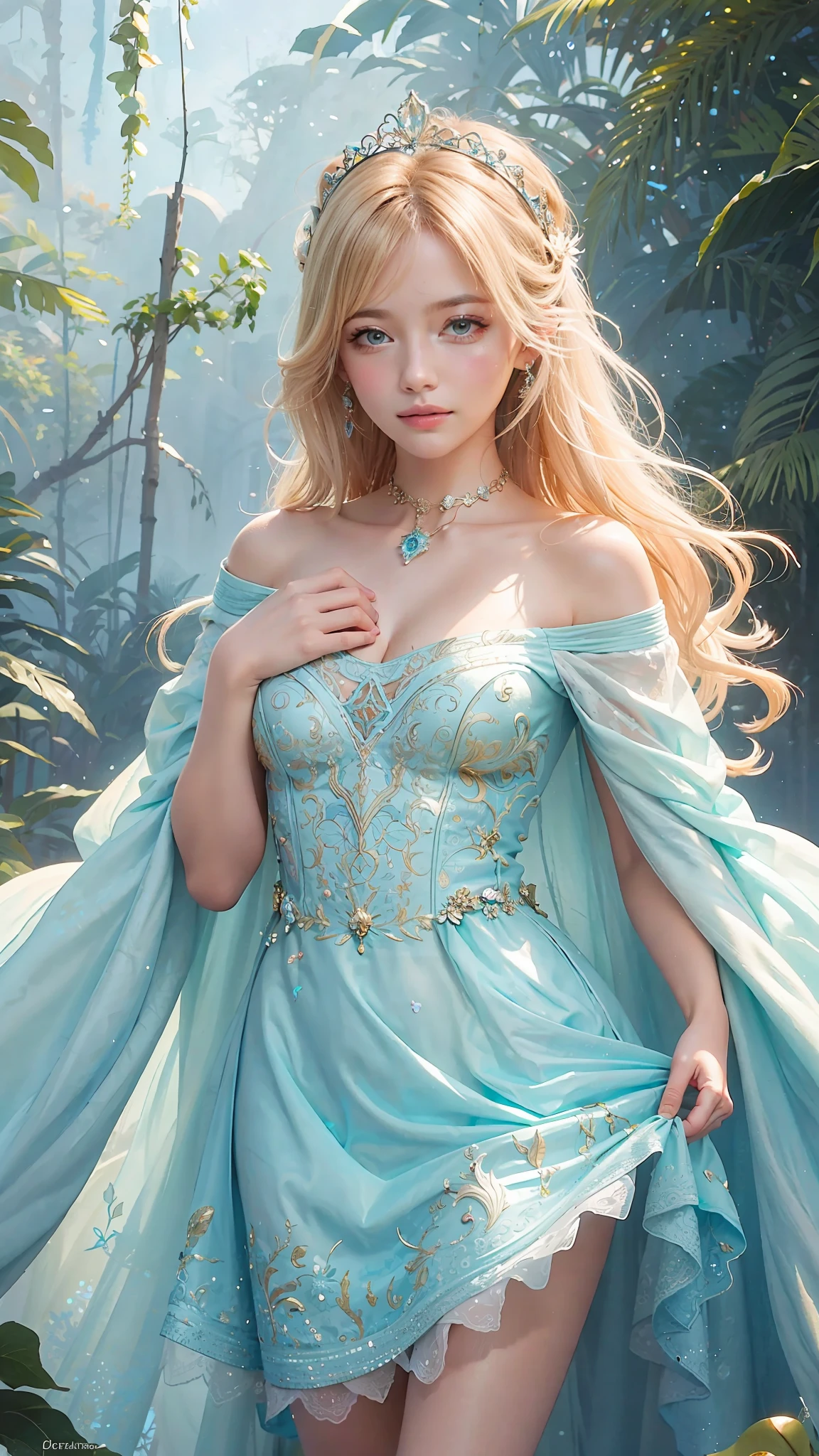 a photography, HD,, photo, woman, beautiful dress ornate, mdjrny-v5, style portrait of a gorgeous blond female in the style of stefan kostic, realistic, half body shot, sharp focus, 8 k high definition, insanely detailed, intricate, elegant, art by stanley lau and artgerm, extreme blur flames background, Princess girl with wing, Blue, Pastel, glitter, dramatic, dreamy, pastel, Watercolor, Whimsical, Delicate, seashell crown, Trending on Artstation, Highly detailed, Intricate, Portrait, digital painting, Fantasy theme, Fantasy robes, Fantasy concept art, Fantasy character art, Smug, Teenage girl, perfect body, full body, dreamy, pastel, Watercolor, Whimsical, Delicate, seashell crown masterpiece, 8k, perfect lighting, , adult, female, cowboy shot, looking at viewer, cinematic lighting, Fawn