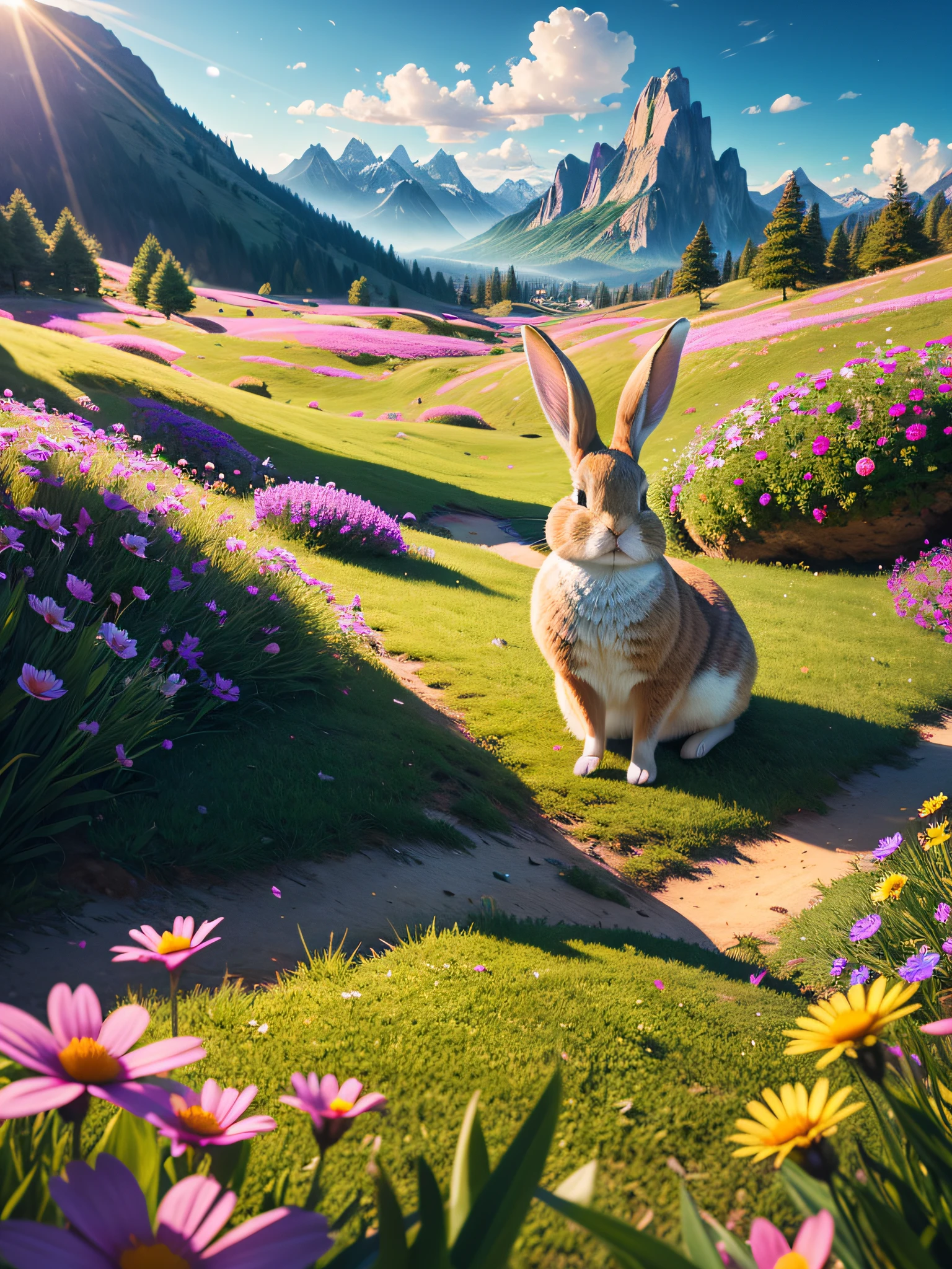 (Extremely fine CG unity 8k wallpaper, masterpiece, best quality, super detailed), (best lighting, best shadow, extremely delicate and beautiful), (cute rabbit), (sleeping), (beautiful grass), (clouds), (colorful flowers) fat, bright eyes, big mountains behind