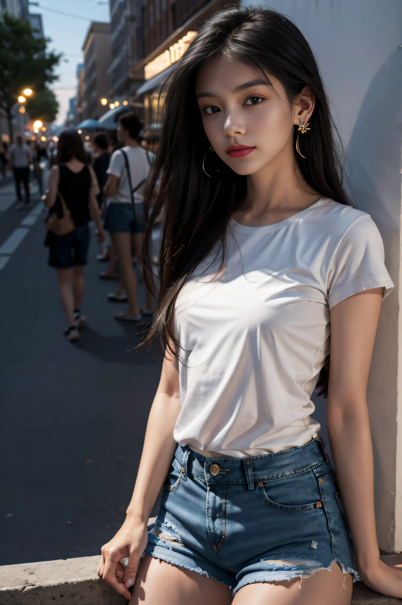 Best quality, masterpiece, super high resolution, (realistic: 1.4), original photo, (evening street), two people, 1 girl, black eyes, looking at the audience, long hair, light makeup, lips, small ears, white t-shirt, denim shorts, earrings, slim, 1 middle-aged woman in the back,