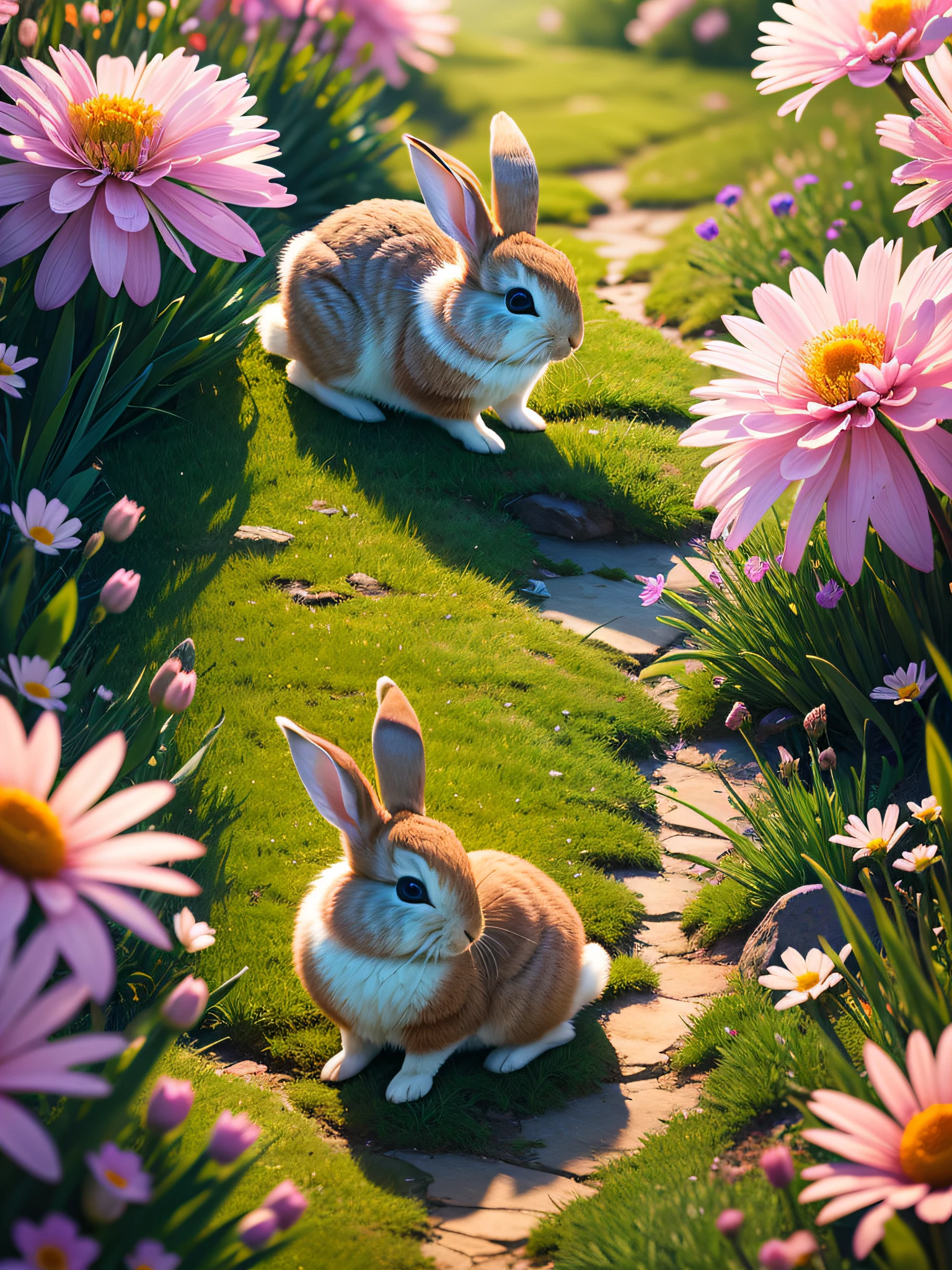 (Extremely fine CG unity 8k wallpaper, masterpiece, best quality, super detailed), (best lighting, best shadow, extremely delicate and beautiful), (cute rabbit), (sleeping), (beautiful grass), (clouds), (colorful flowers) fat, bright eyes, big mountains behind