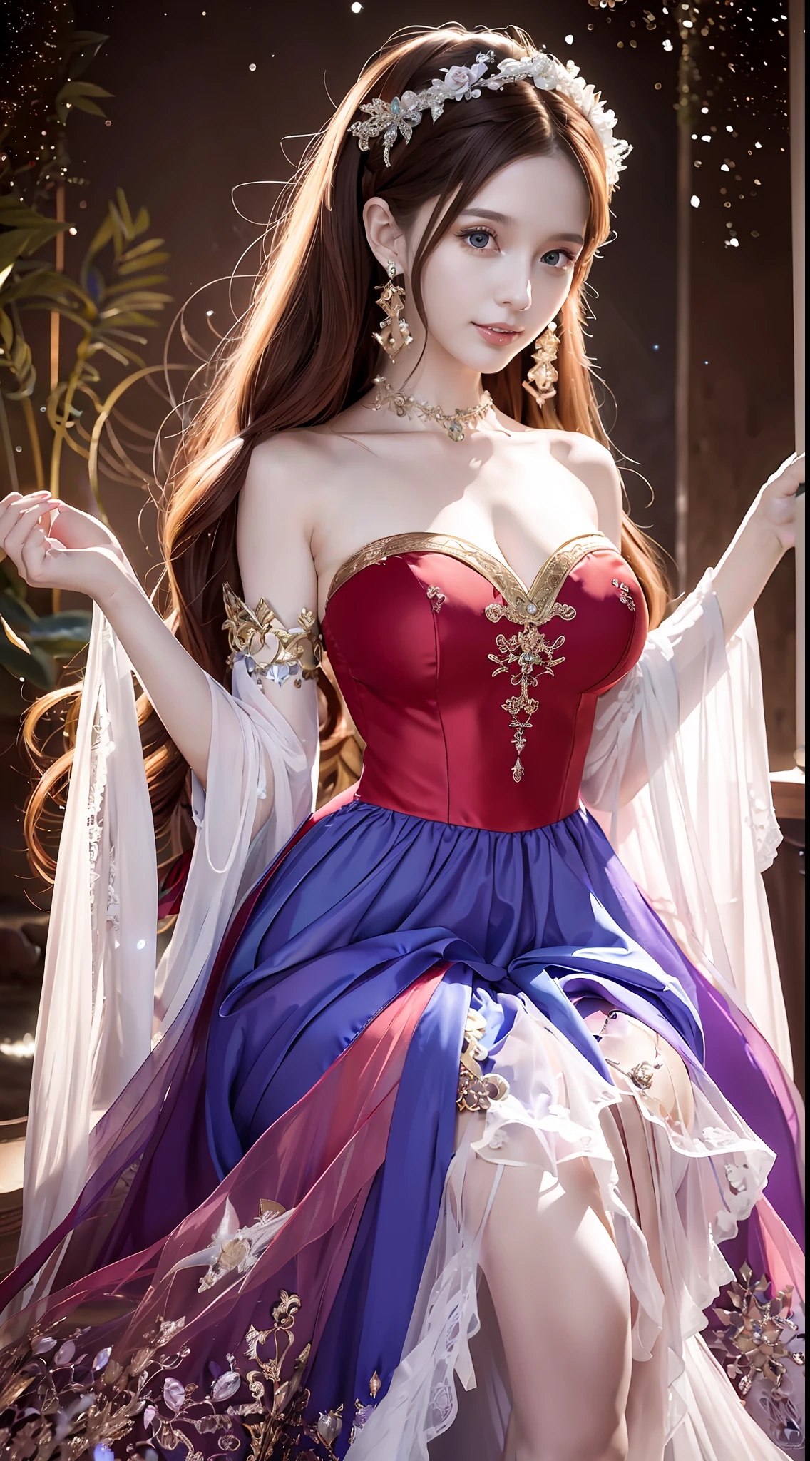 Top quality, lots of detail, with a woman in a red dress posing for a photo, moon-themed costume, astral witch costume, fantasy costume, live-action girl cosplay, beautiful celestial mage, inspired by cold plum, bandeau dress, popular on cgstation, celestial goddess, April rendering, light blue, dreamy medium portrait top light, light blue skin, amouranth, fantasy dress, full body close-up