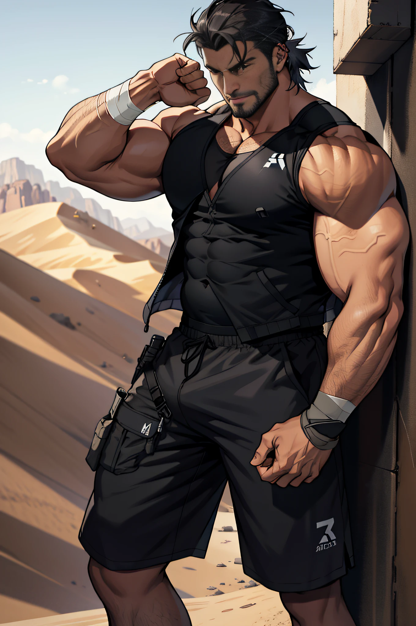 Mature man, best quality, mercenary, black sports shorts, wearing tall riding shoes, bandage wrapped around one hand, dark gray vest (hole), bad, masterpiece, super high resolution, detailed background, reality, illustration, single, 1 boy, muscle man, beard, desert, desert, alpine, muscle, facial hair, volumetric lighting, depth of field, wheezing, raised crotch, handsome action, big dynamics