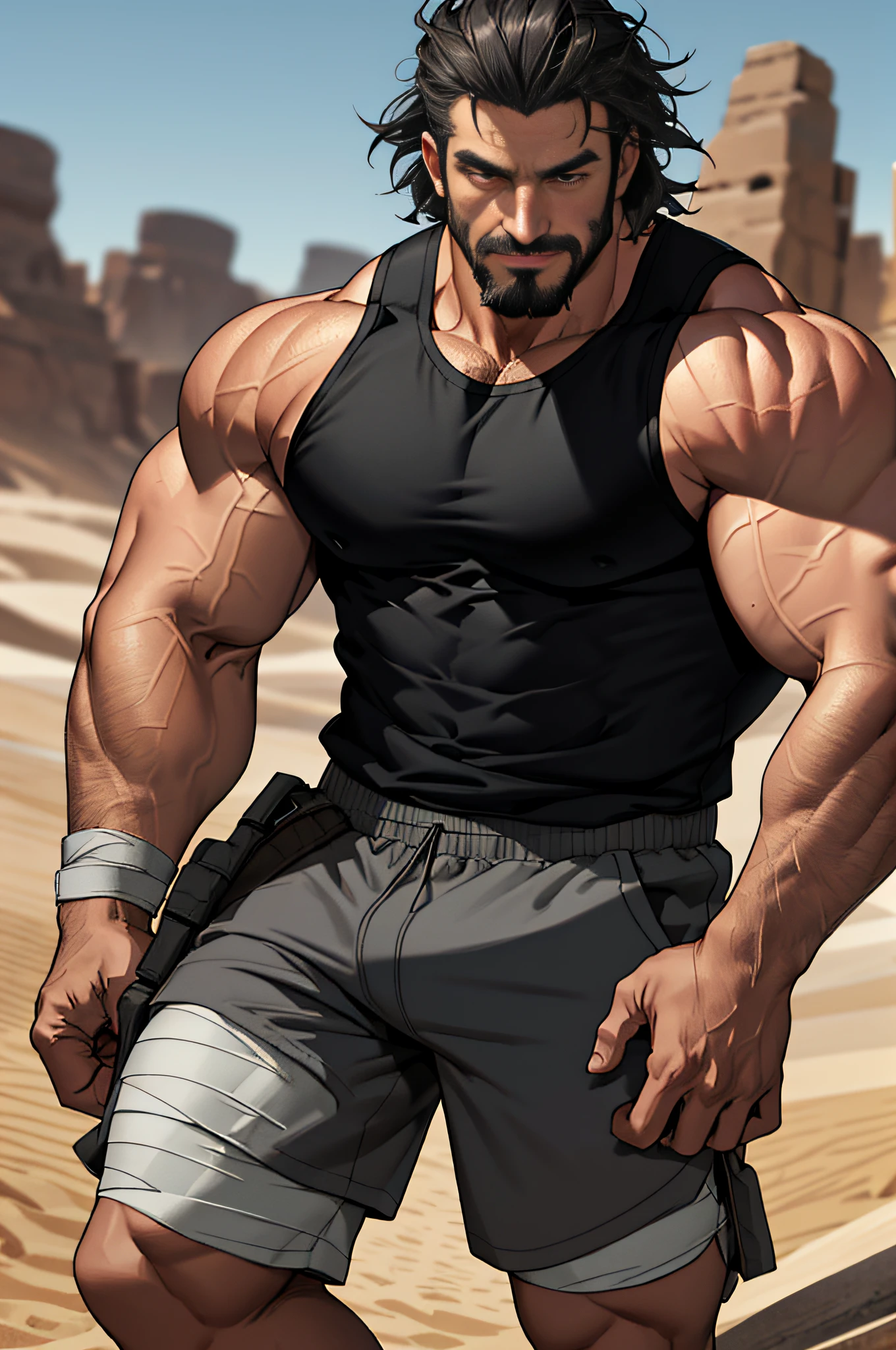 Mature man, best quality, mercenary, black sports shorts, wearing tall riding shoes, bandage wrapped around one hand, dark gray vest (hole), bad, masterpiece, super high resolution, detailed background, reality, illustration, single, 1 boy, muscle man, beard, desert, desert, alpine, muscles, facial hair, volumetric lighting, depth of field, wheezing, raised crotch, handsome movements, big dynamics, big breasts