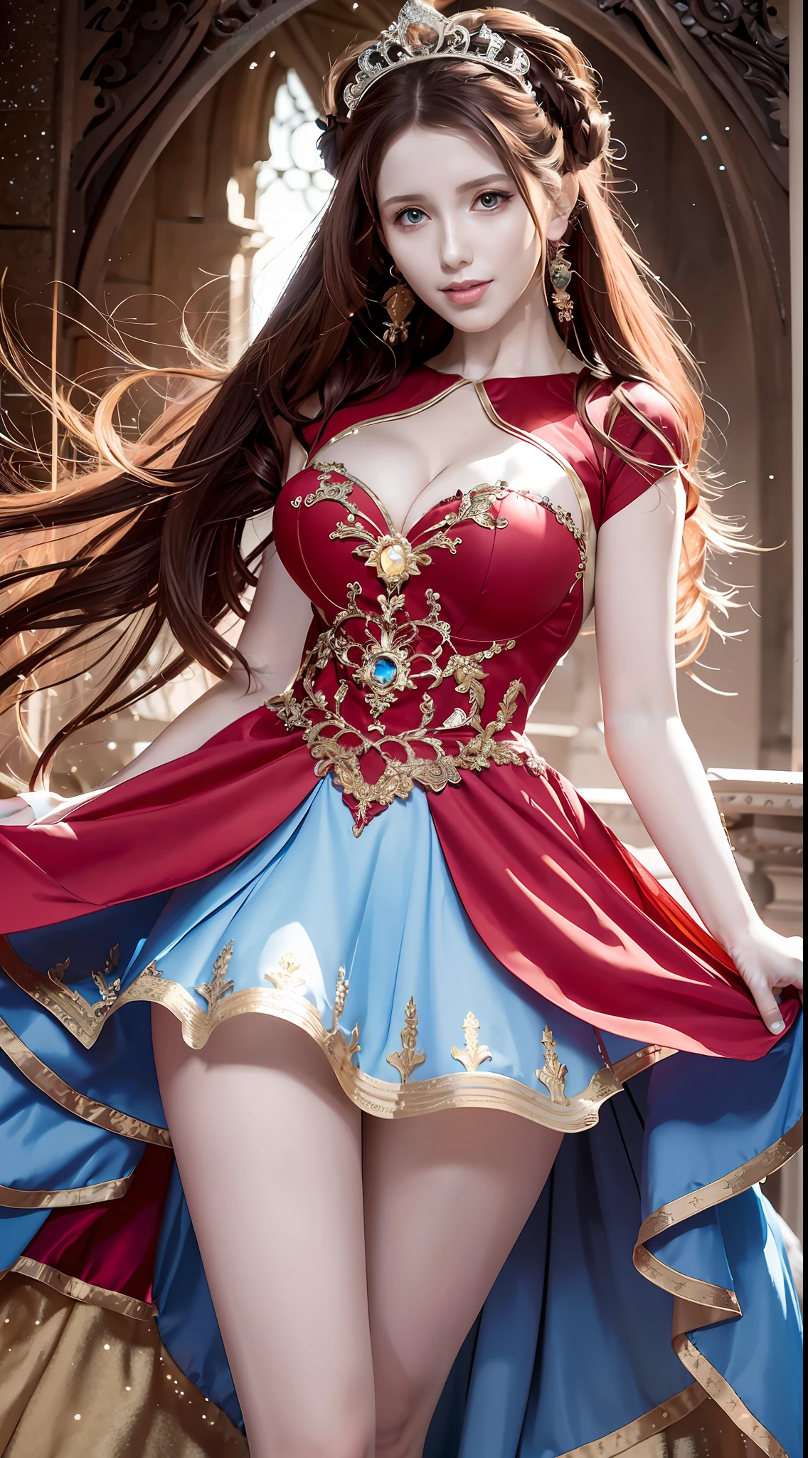 Top quality, lots of detail, with a woman in a red dress posing for a photo, moon-themed costume, astral witch costume, fantasy costume, live-action girl cosplay, beautiful celestial mage, inspired by cold plum, bandeau dress, popular on cgstation, celestial goddess, April rendering, light blue, dreamy medium portrait top light, light blue skin, amouranth, fantasy dress, full body close-up