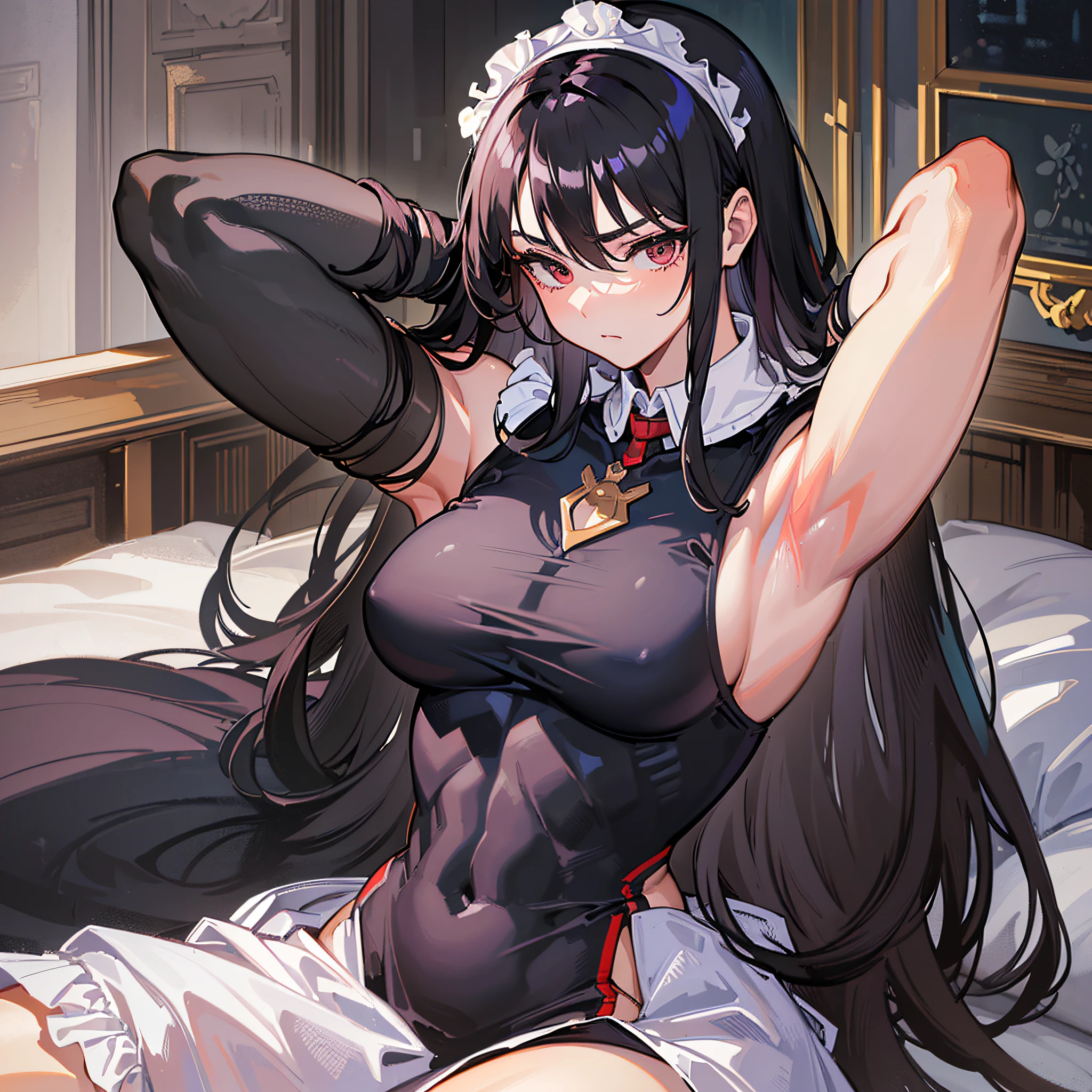 ((Masterpiece)), ((highest image quality)), ((highest image quality)), (illustration of one girl), long black hair, ((flat)), (tall), ((muscular strong body)), ((muscular chest plate)), ((muscular and thick arms)), ((muscular and thick legs)), (manspreading)), open legs, (((maid clothes)), indoors, bed,