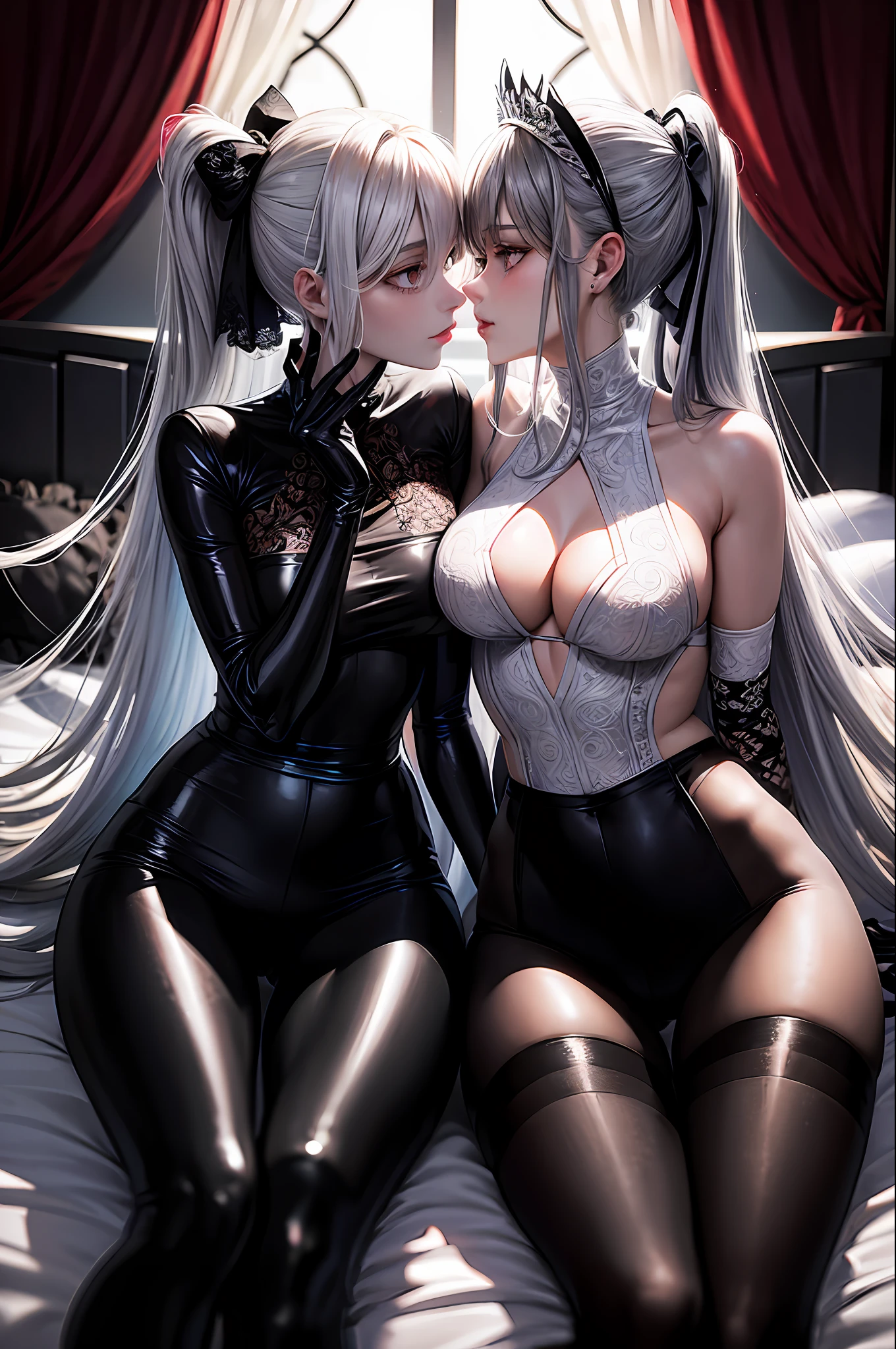 Unkempt silver hair, plump and slender) girls with high ponytails))) In the ominous bedroom, avoid their golden eyes, ((and the girls wear intricate embroidered black high-waisted pants with pantyhose and white raw bow gloves)), because the two girls sit together very intimately touching each other and kissing to show off their delicate slender bodies and graceful curvy, correct limbs
