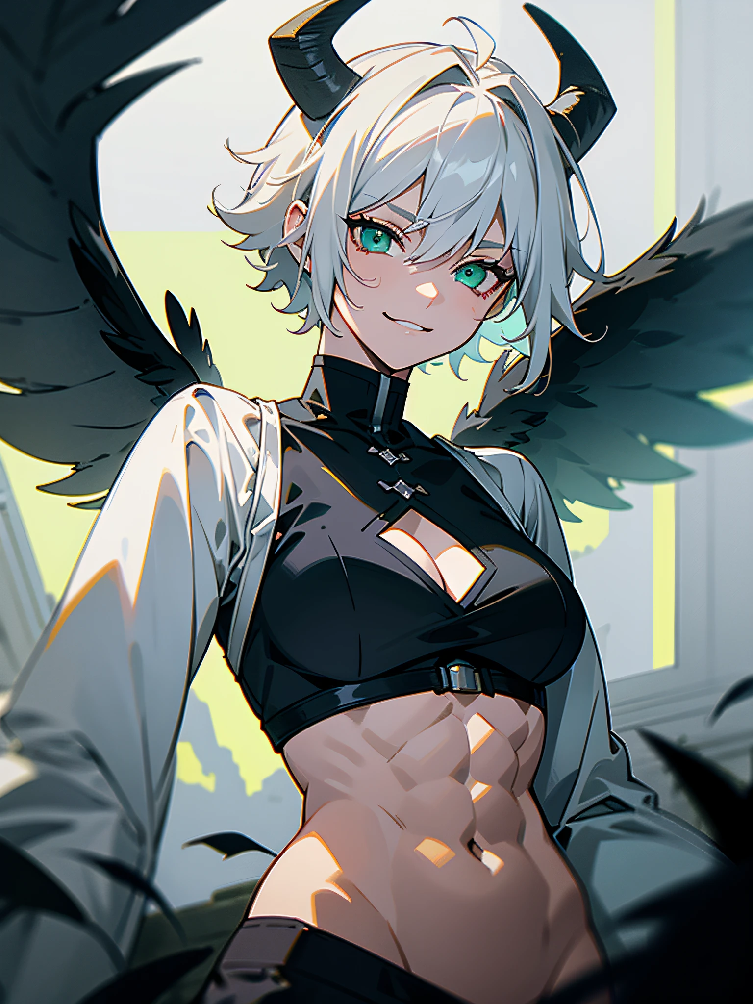 Tomboy, (four large black wings), abs, green eyes, overlooking a castle ruin, white hair, messy hair, very short hair, horns, glowing eyes, smirk, anime, cinematic lighting, UHD, masterpiece, super detail, high quality, best quality, high details, 8k, award winning, anatomically correct