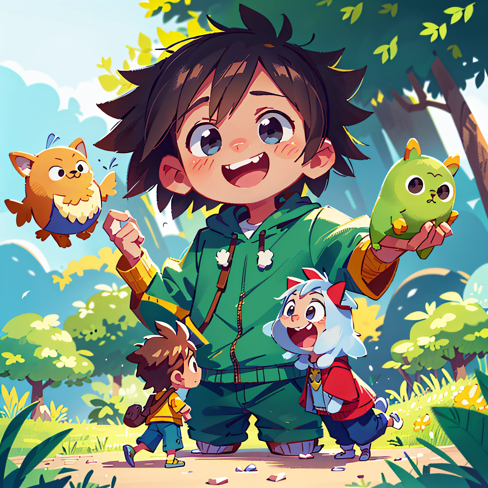 Create a 7 year old boy character pay attention a boy don't add a girl to the cartoon in a very smooth setting use proper style
use a style suitable for children's stories for children between 4 and 6 years old The main characteristics of the character are
cheerful expressions, tenderness, empathy, radiates joy incorporate these characteristics when developing it, match your clothes to the fantasy setting and curiosities, natural beauty, cheerful animal friends nearby, always focus on the character's direct relationship.