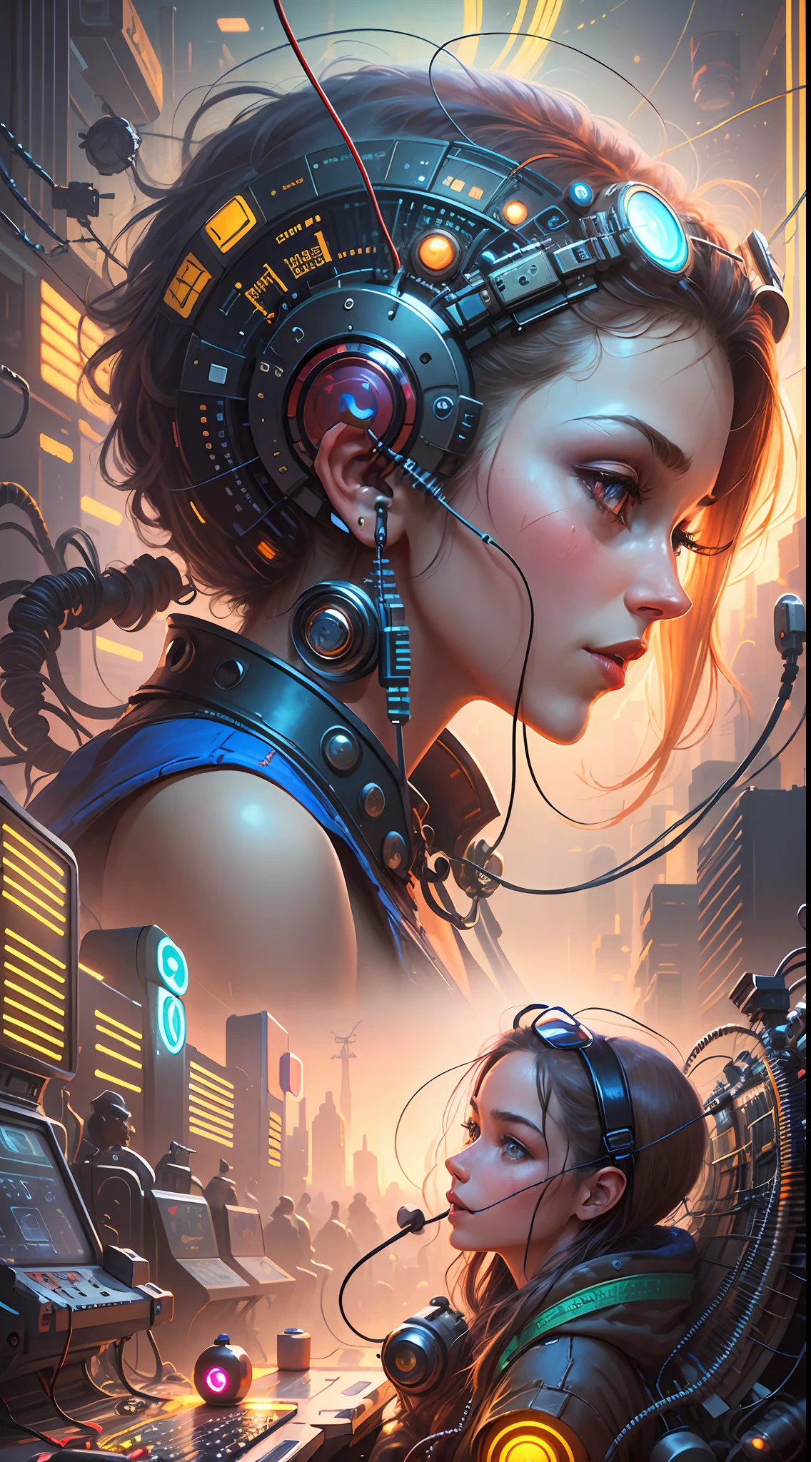 A retrofuturism scene of an arcade wired mess on macbook, mechanical delay, wiring components, ultrago austin metal wiring, iris van Buren, Karol Bak, Kiichi Obituary by Beksinski, david falls fanart gadget machine --auto --s2