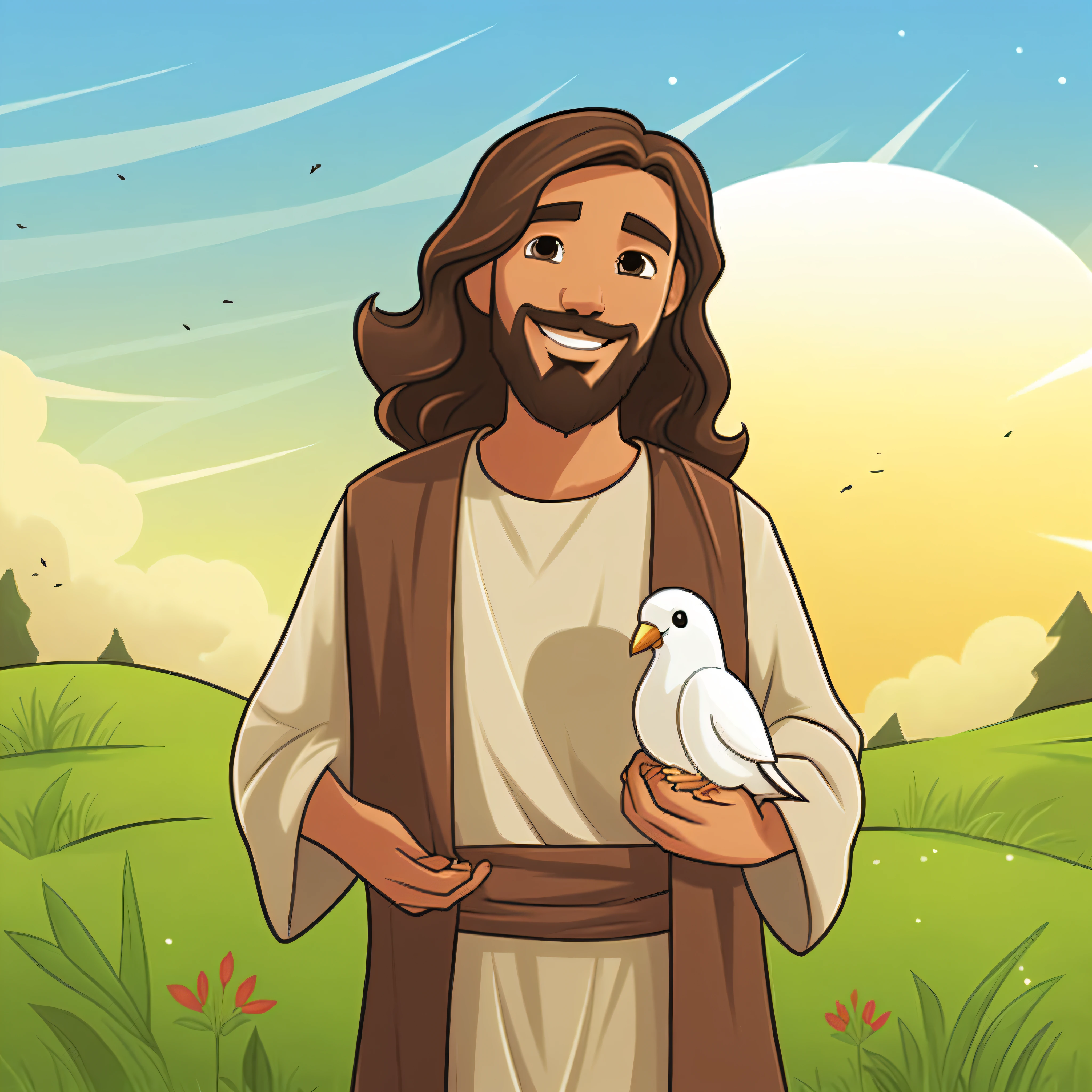 a cartoon jesuso, bible illustration, jesus christ, cartoon style illustration, colorful illustration, on a scenic background, the lord and savior, jesus, official art, cartoon illustration --auto --s2