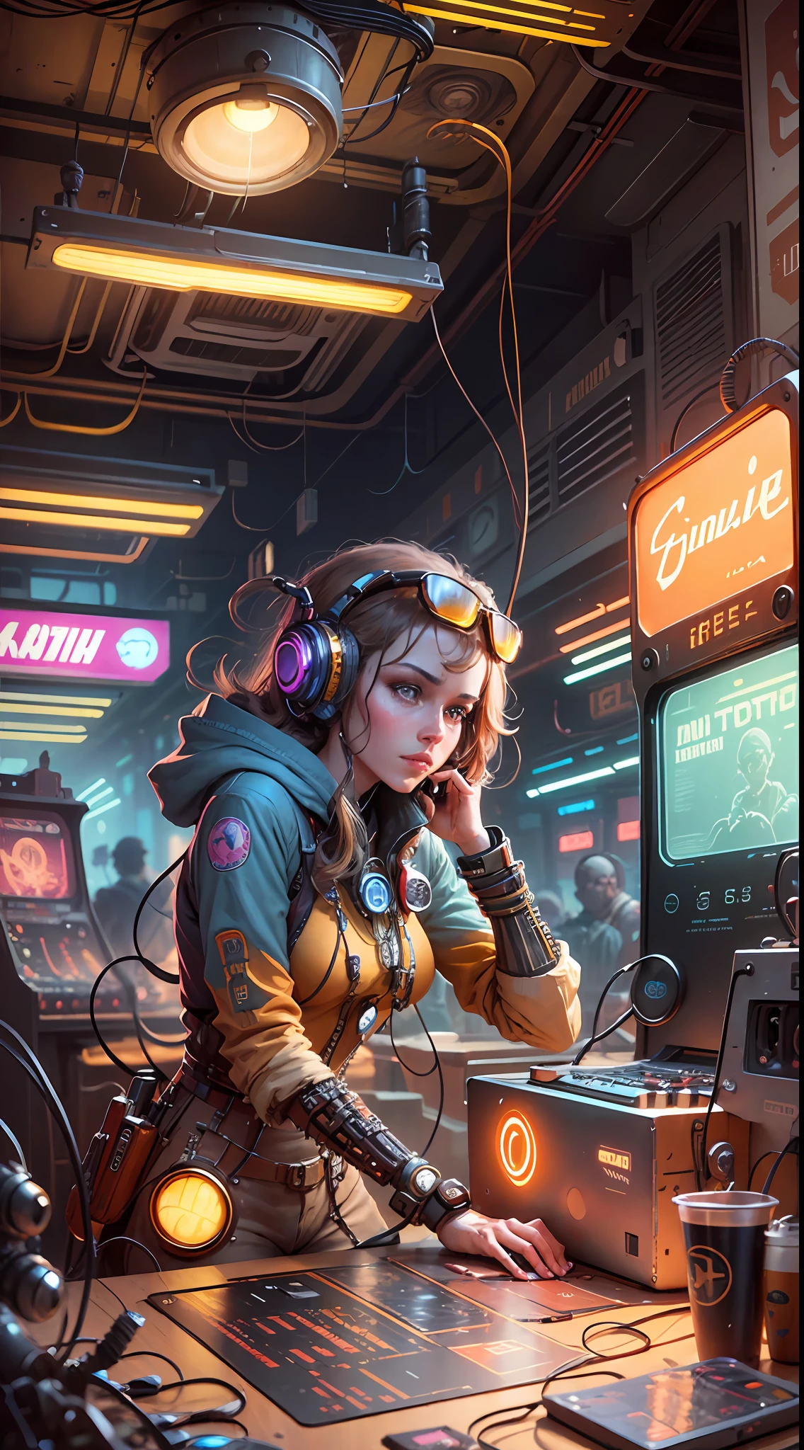 A retrofuturism scene of an arcade wired mess on macbook, mechanical delay, wiring components, ultrago austin metal wiring, iris van Buren, Karol Bak, Kiichi Obituary by Beksinski, david falls fanart gadget machine --auto --s2
