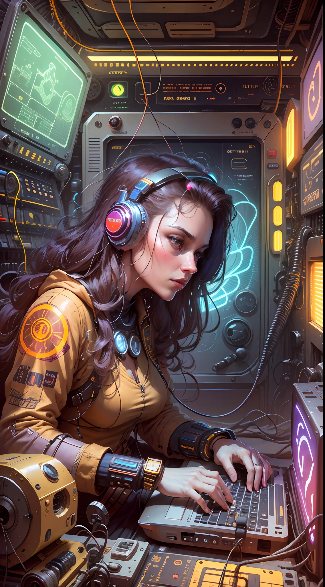 A retrofuturism scene of an arcade wired mess on macbook, mechanical delay, wiring components, ultrago austin metal wiring, iris van Buren, Karol Bak, Kiichi Obituary by Beksinski, david falls fanart gadget machine --auto --s2