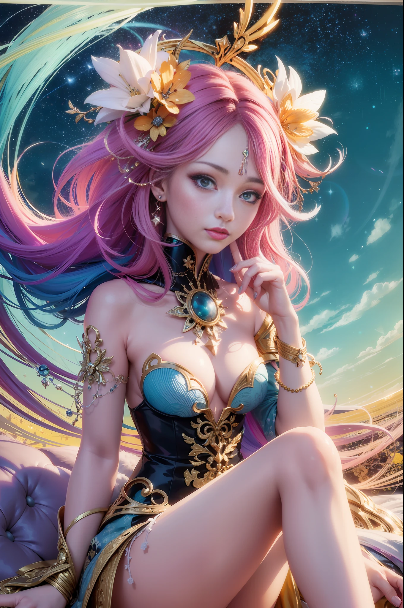 Film still, Fashion Photography, digital art, raytraicing, 3D surrealistic. Breathtaking Beautiful young female Angel dressed with a Angelpunk outfit, relaxed sitting on a fluffy cloud, floating in the middle of a vortex of floating Spiral Galaxy and golden stars and small fluffy clouds. Yellow, Red, green, marine blue, pink, creamy white. Lumitronic effect, Zentangle Effect, MLBB Style, Vaporwave effect, by Julie Dillon and David Alabo, colourful hair, realistic skin texture, photo realistic, Low saturation, masterpiece, global illumination, --auto --s2