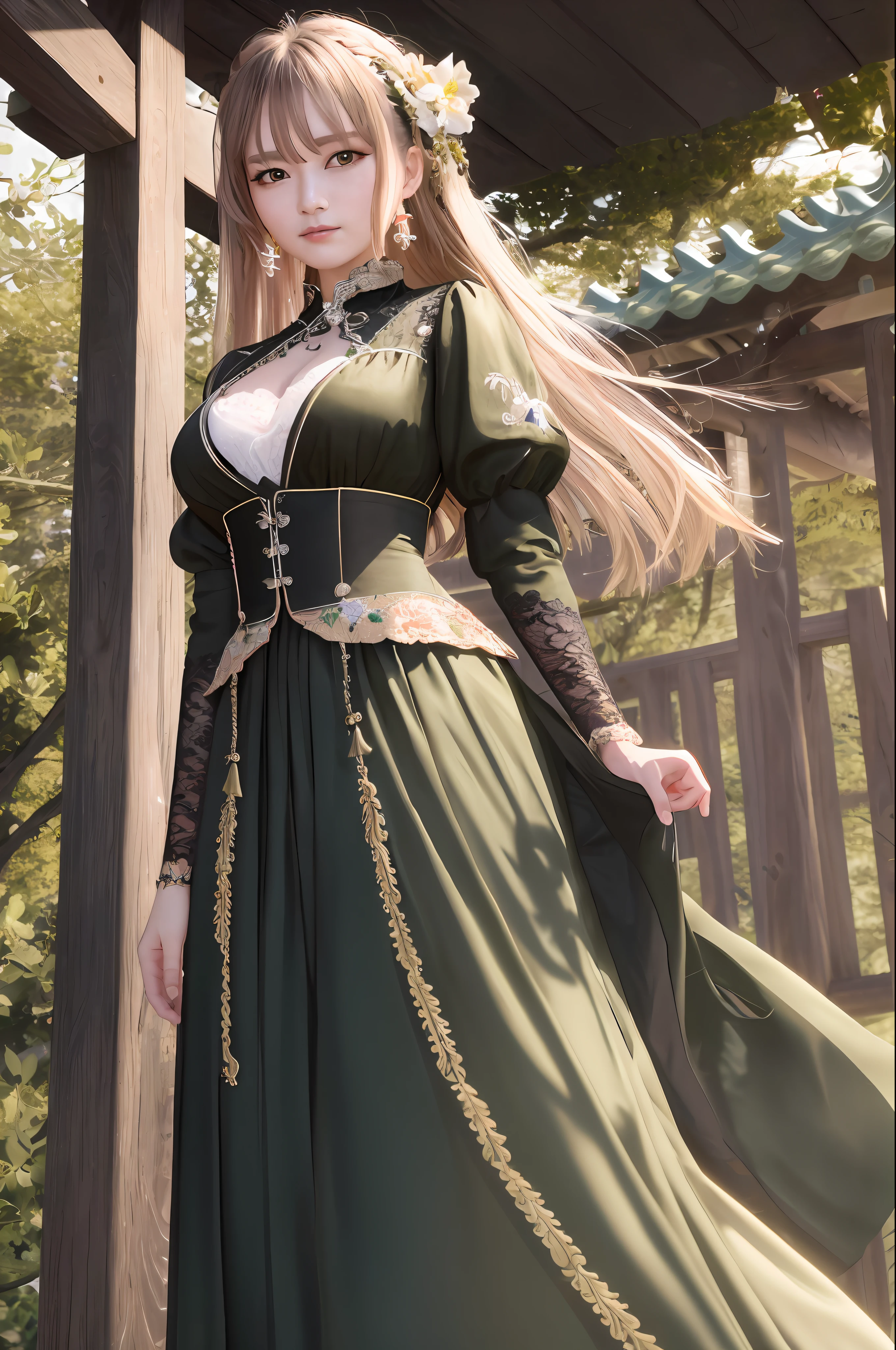 masterpiece,extremely detailed CG unity 8k wallpaper,best quality,cowboy shot,solo,1 girl,medium breasts,overexposure,an extremely delicate and beautiful,Beautiful and detailed eye description,Beautiful and detailed facial depiction,standing,green Chinese style,cleavage,detailed clothes,hair ornament,hair rings,hair flower,detailed face,choker,lace-trimmed skirt,