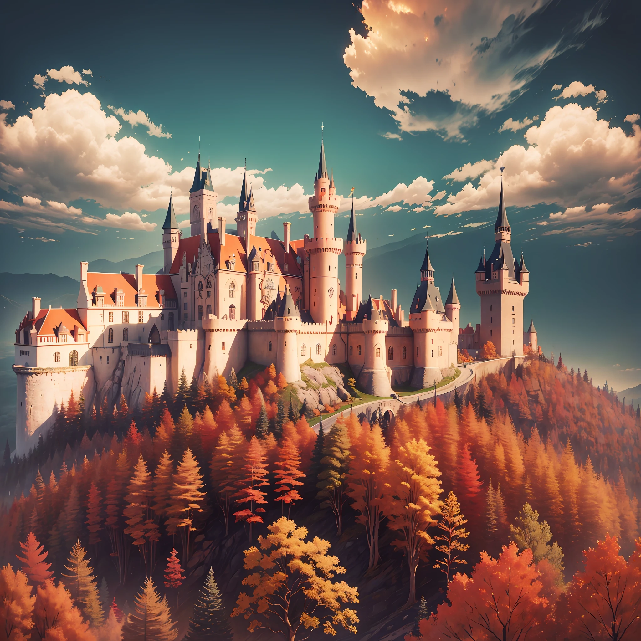 Autumn, castles, castles on the hill, red roofs, light and dark light, surrealism --auto --s2