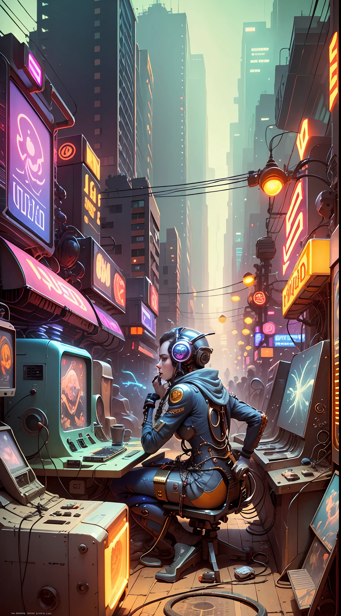A retrofuturism scene of an arcade wired mess on macbook, mechanical delay, wiring components, ultrago austin metal wiring, iris van Buren, Karol Bak, Kiichi Obituary by Beksinski, david falls fanart gadget machine --auto --s2