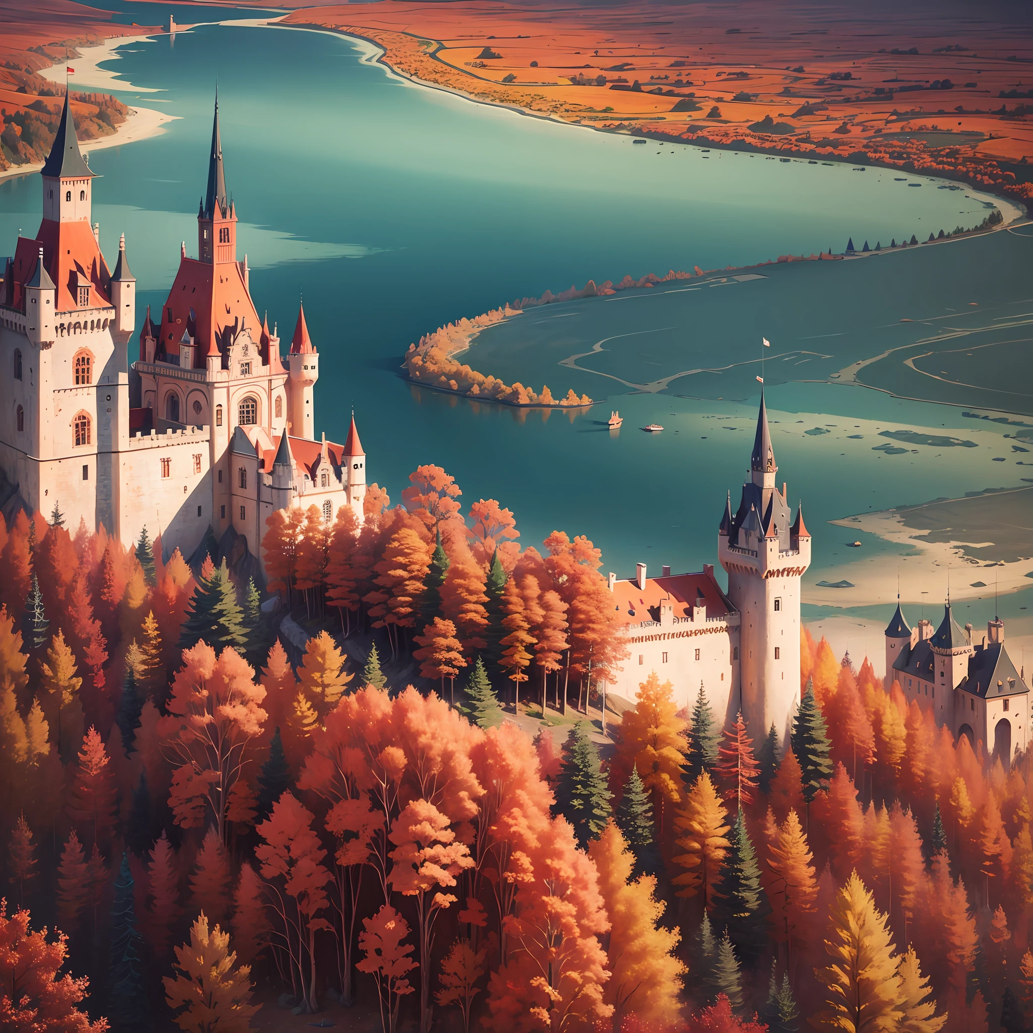 Autumn, castles, castles on the hill, red roofs, light and dark light, surrealism --auto --s2