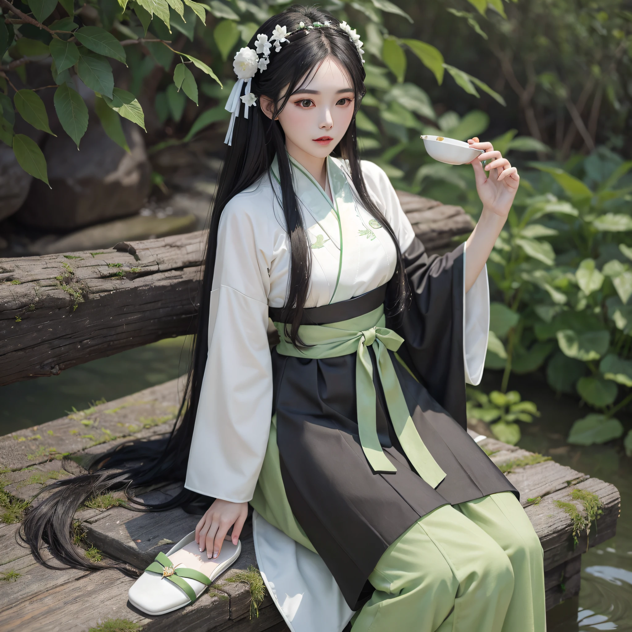 Dragon Boat Festival Two girls with long black hair, white and green Hanfu, green slippers, and hand-held heavy son --auto --s2