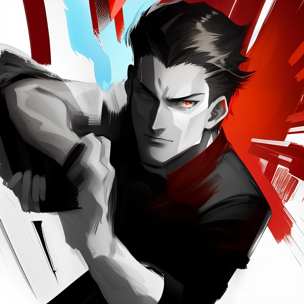 a black and white poster with a guy with red hair, in the style of shilin huang, luminous palette, kris knight,dark amber, dark azure, commission for, i can't believehow beautiful this is