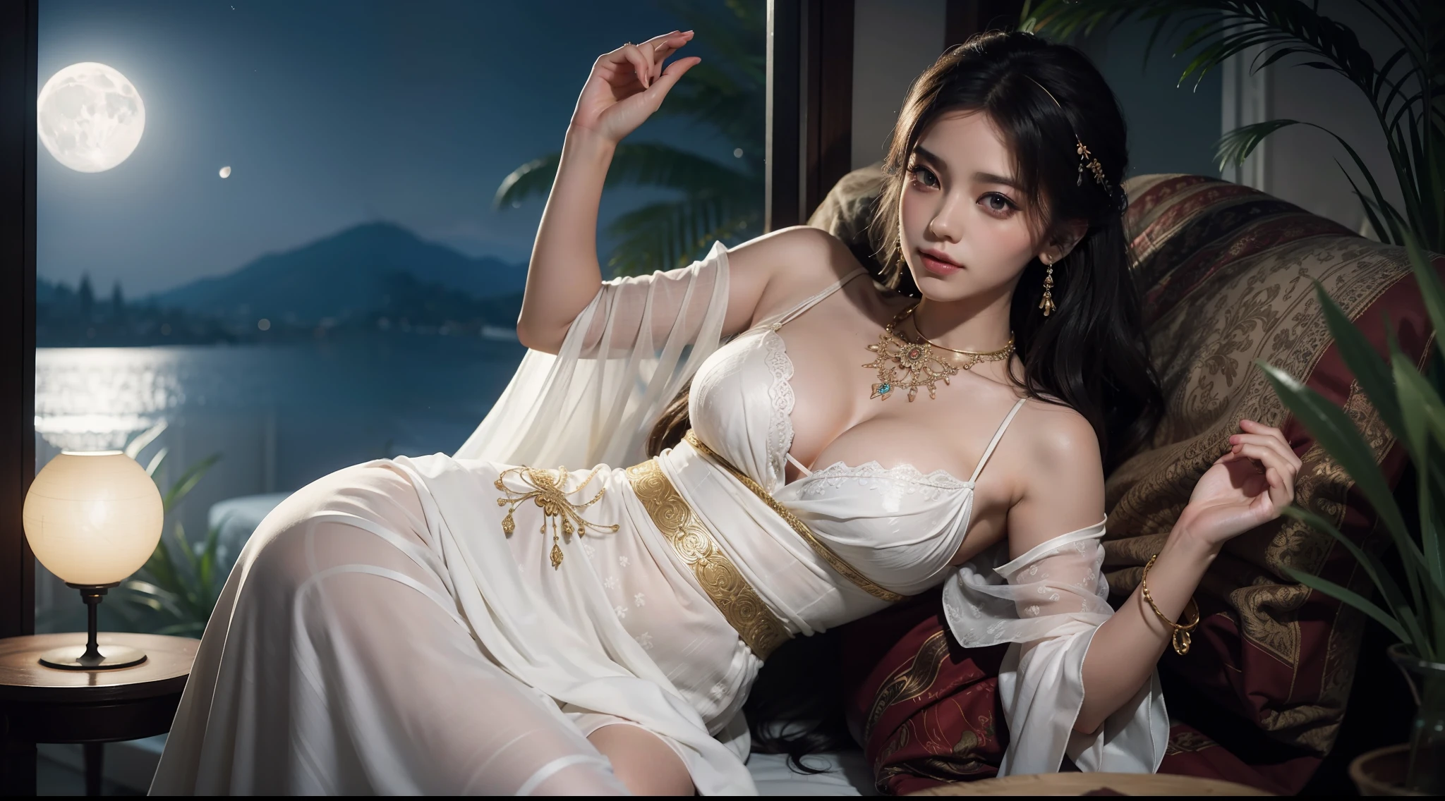 The art depicts a charming woman dressed in a flowing, silky traditional oriental dress, white, decorated with intricate patterns and bright colors. Her dress drapes elegantly over her curvy figure, accentuating her seductive silhouette. She stood gracefully in the quiet moonlit night, bathed in the soft glow of the moonlight. The scene exudes an ethereal and dreamy atmosphere, with a touch of mystery and sexiness. The graphic style blends watercolor and digital illustration techniques to evoke a refined beauty and charm. The lights are filled with soft moonlight, casting soft highlights and shadows on her charming features.