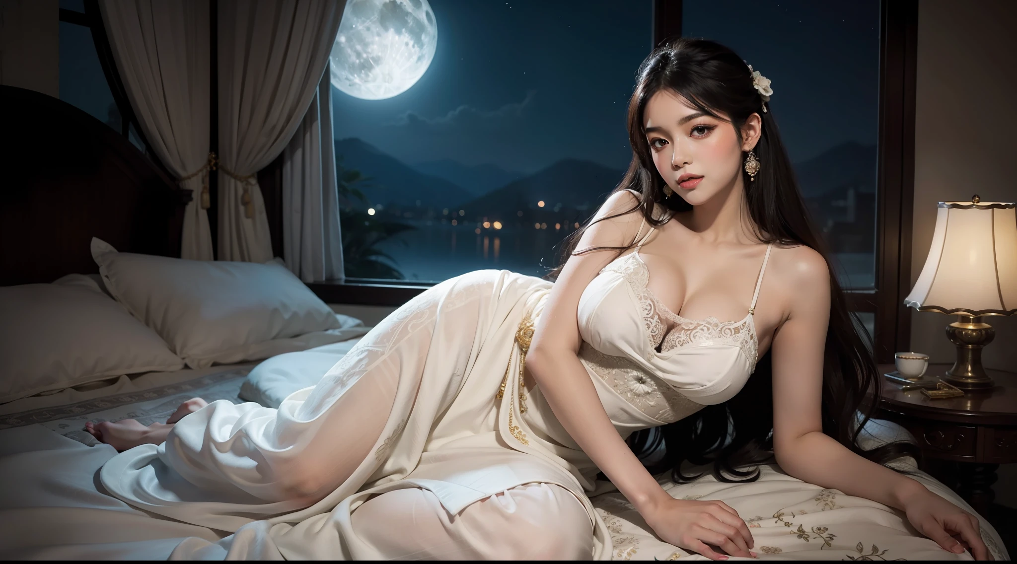 The art depicts a charming woman dressed in a flowing, silky traditional oriental dress, white, decorated with intricate patterns and bright colors. Her dress drapes elegantly over her curvy figure, accentuating her seductive silhouette. She stood gracefully in the quiet moonlit night, bathed in the soft glow of the moonlight. The scene exudes an ethereal and dreamy atmosphere, with a touch of mystery and sexiness. The graphic style blends watercolor and digital illustration techniques to evoke a refined beauty and charm. The lights are filled with soft moonlight, casting soft highlights and shadows on her charming features.