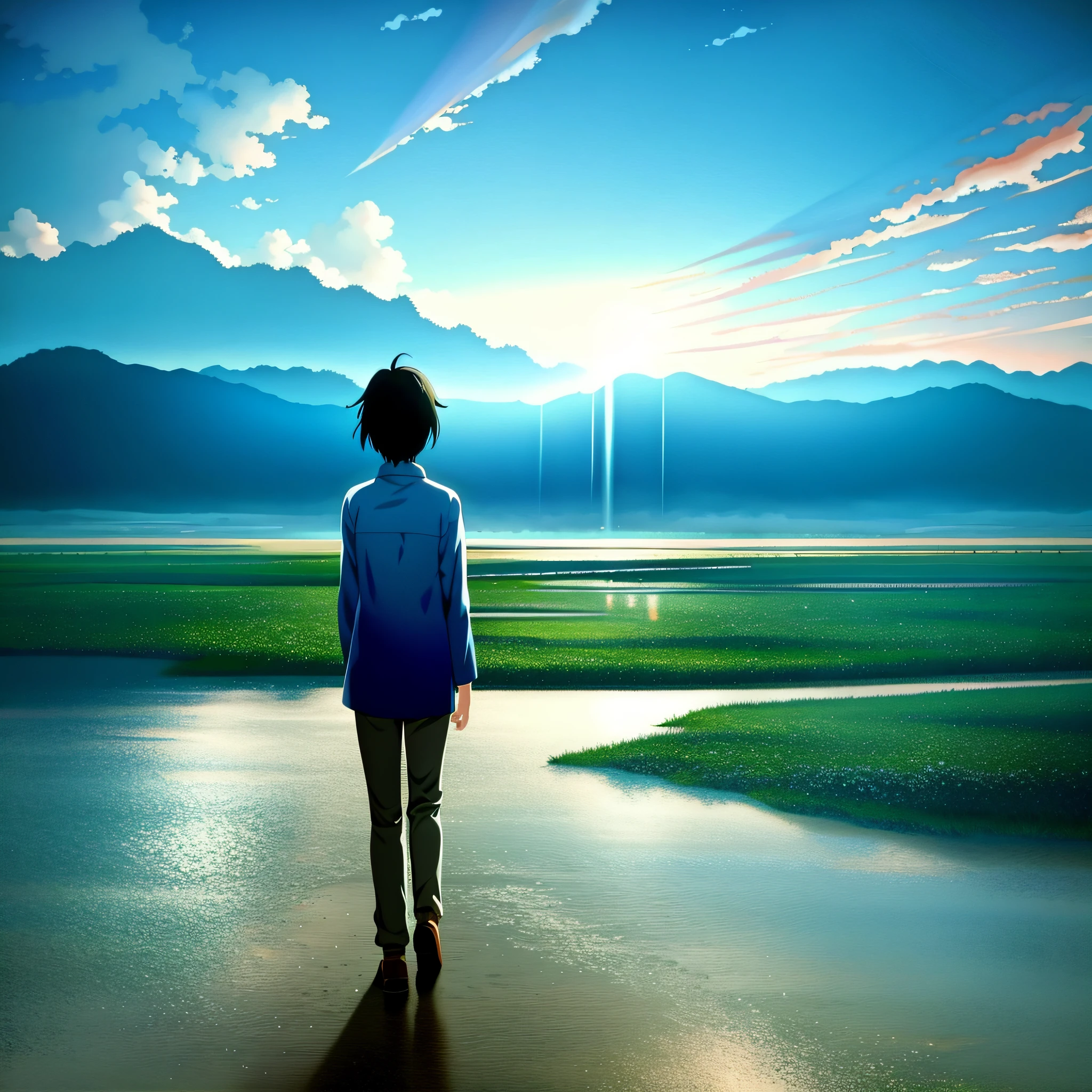 I want the painting to be a picture with a touch like Makoto Shinkai's work, where it rains and a puddle is formed, and the surrounding landscape is all the sky
